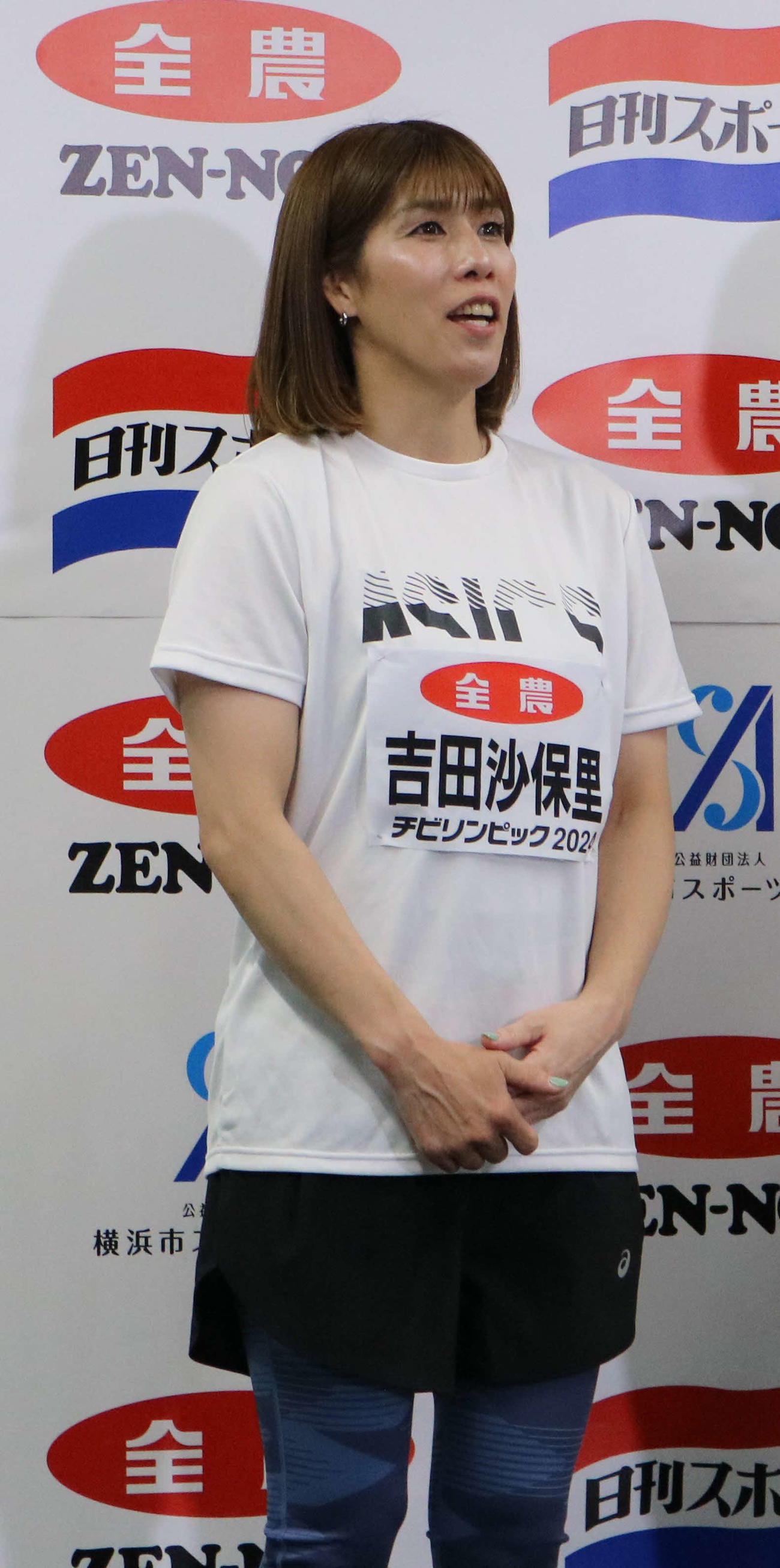 チビリンピック2024　取材に応じる吉田沙保里（撮影・深田雄智）
