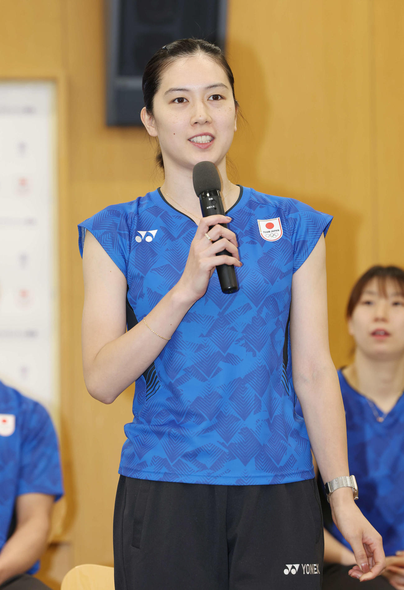 バドミントン日本代表内定会見で意気込みを語る大堀（撮影・宮地輝）