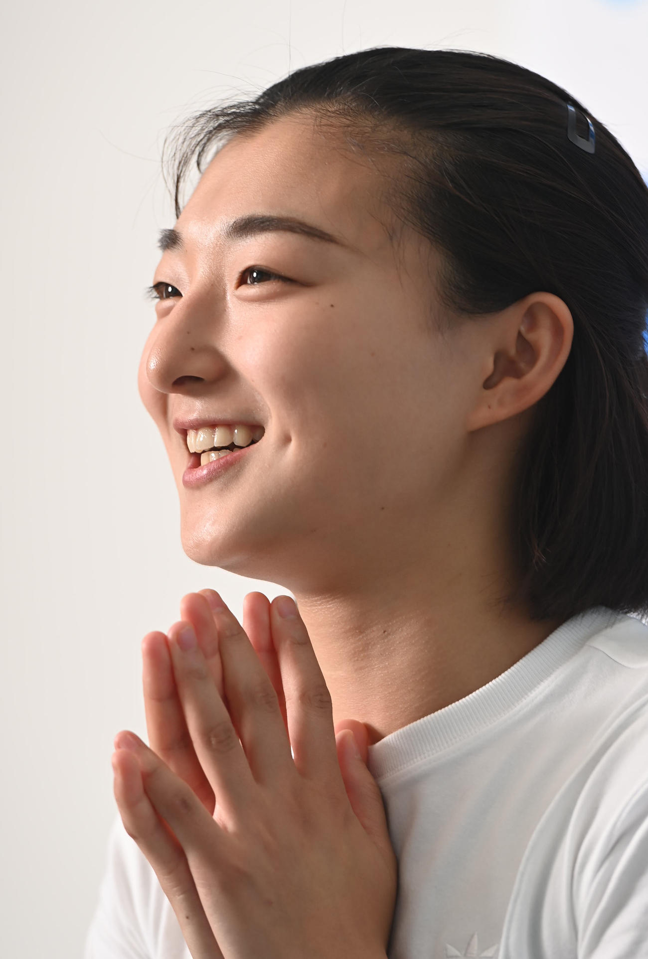 合同練習の感想を話す坂本花織（撮影・石井愛子）