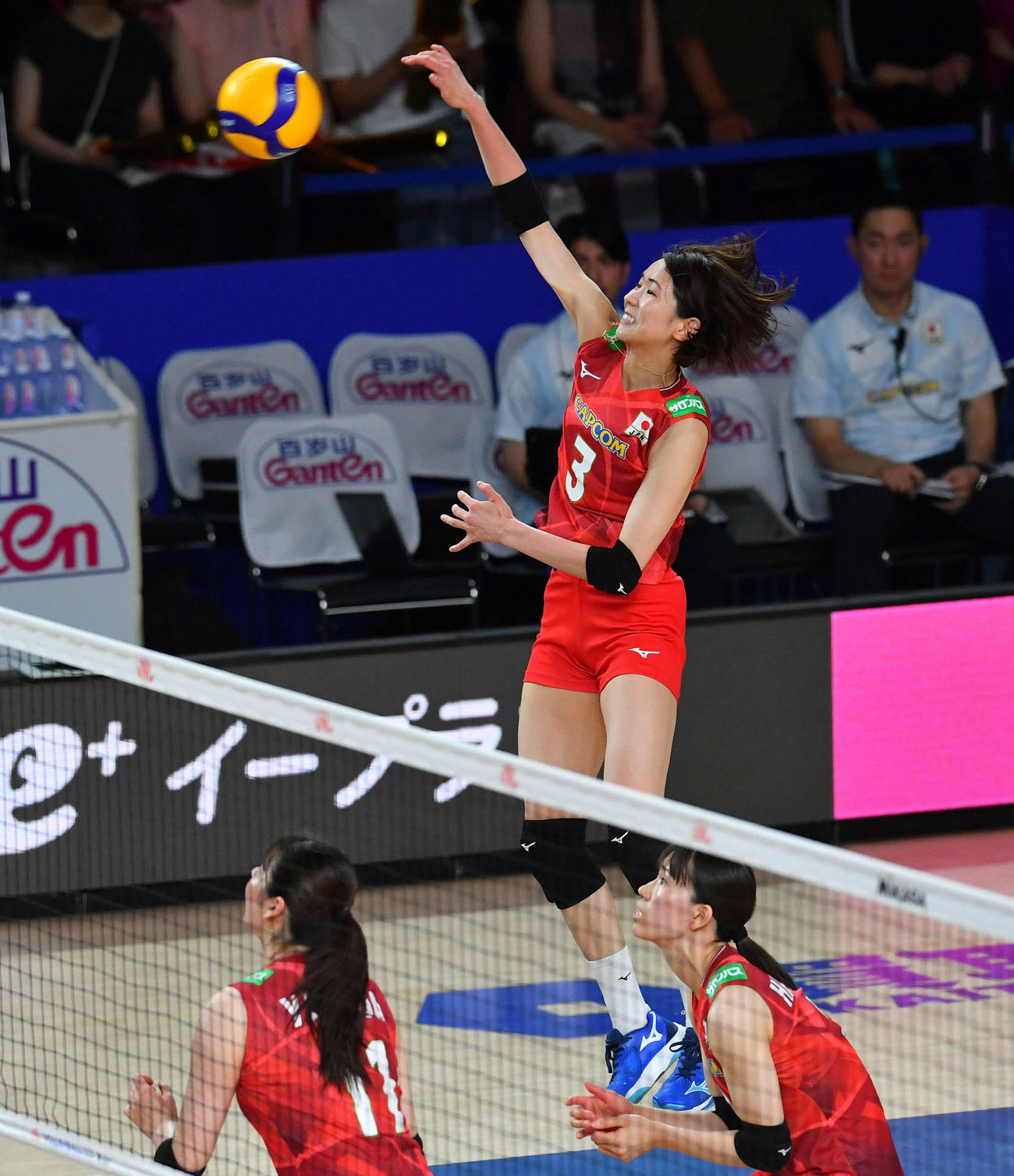 日本対韓国　第2セット、スパイクで得点を奪う古賀（撮影・岩下翔太）