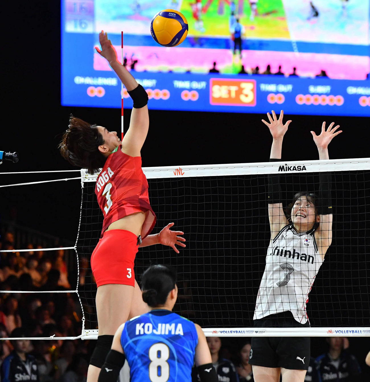 日本対韓国　第3セット、スパイクで得点を奪う古賀（撮影・岩下翔太）