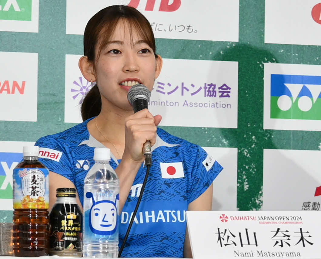 ダイハツジャパンオープン2024への意気込みを語る「シダマツ」ペアの松山（撮影・飯岡大暉）