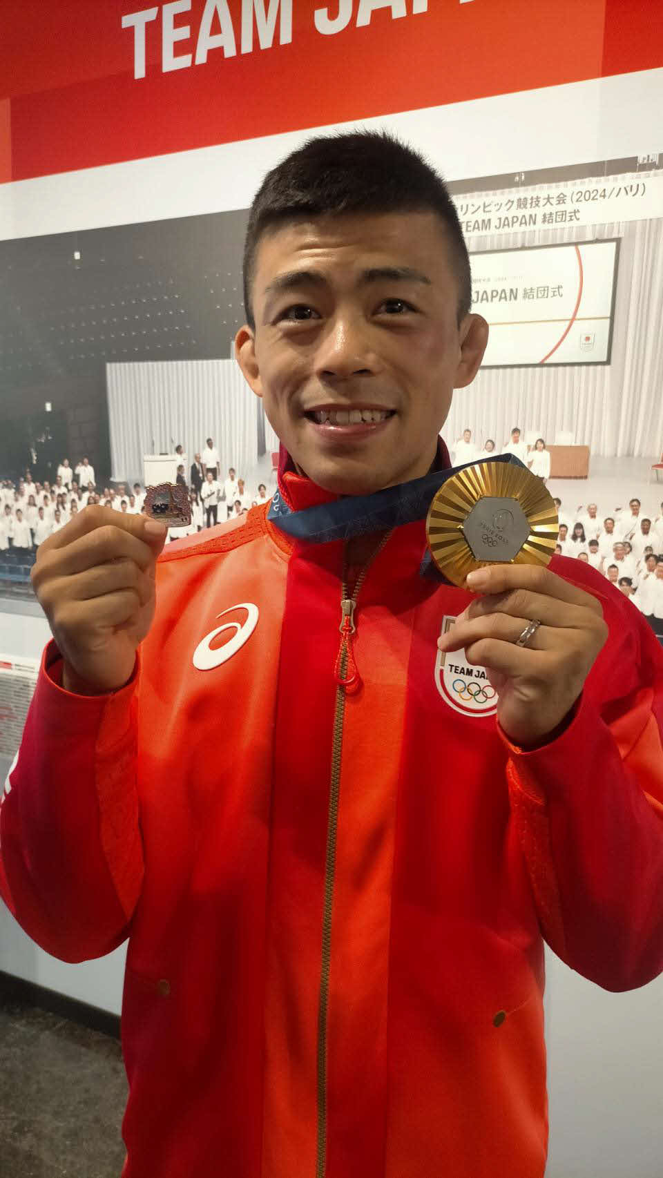 パリ五輪男子グレコローマンスタイル60キロ級金メダルの文田健一郎（2024年8月7日撮影）