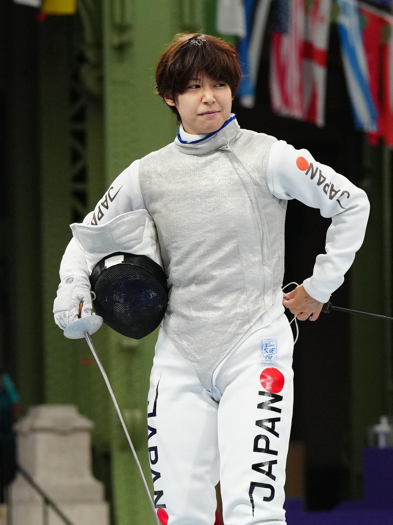 フェンシング女子フルーレ団体準決勝のイタリア戦に臨む宮脇（2024年8月1日撮影）