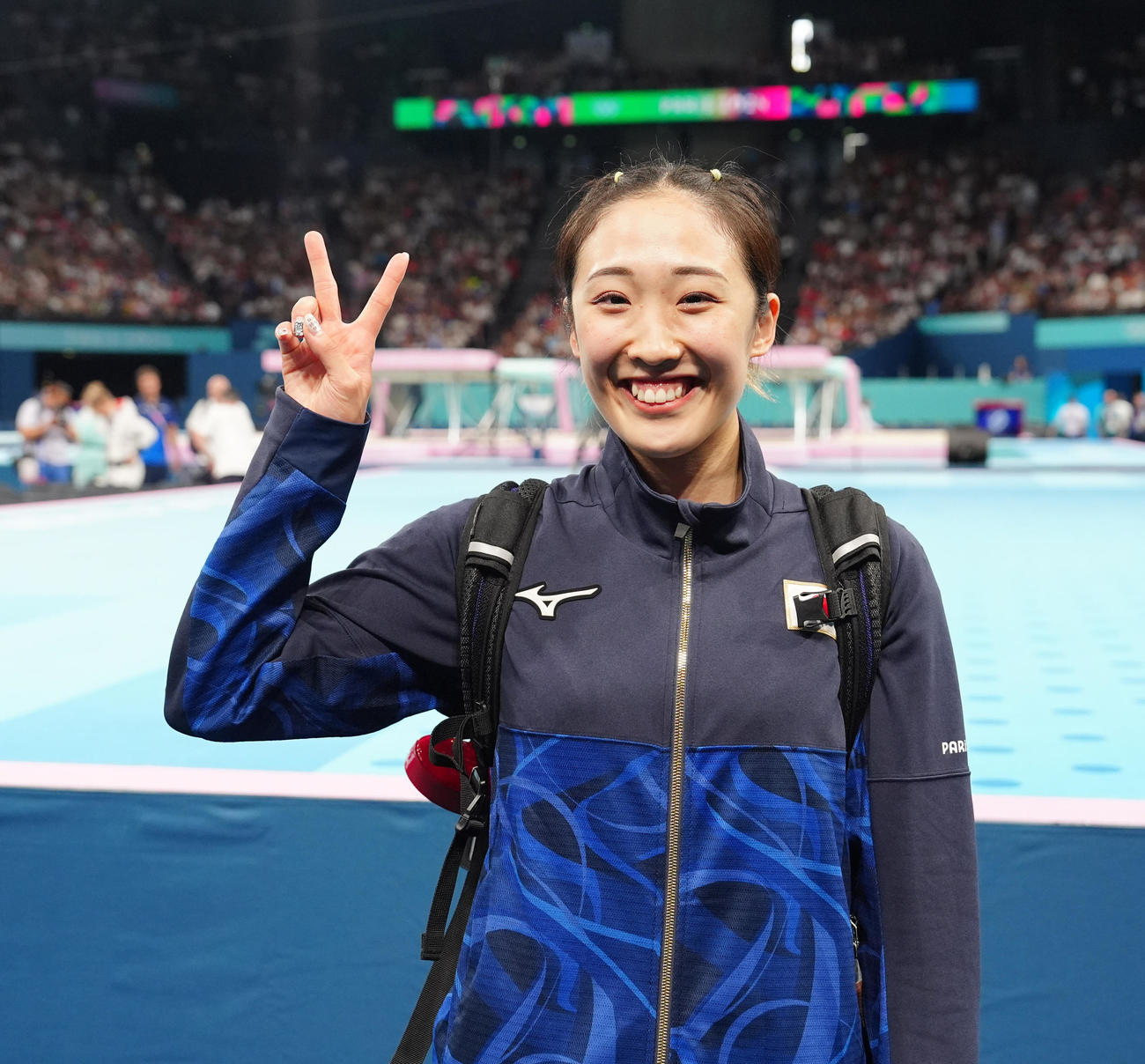 パリ五輪トランポリン女子決勝　6位となり、写真に納まる森ひかる（2024年8月撮影）