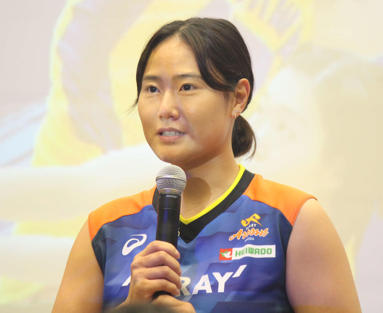 会見に出席した東レアローズ滋賀の田代（撮影・勝部晃多）