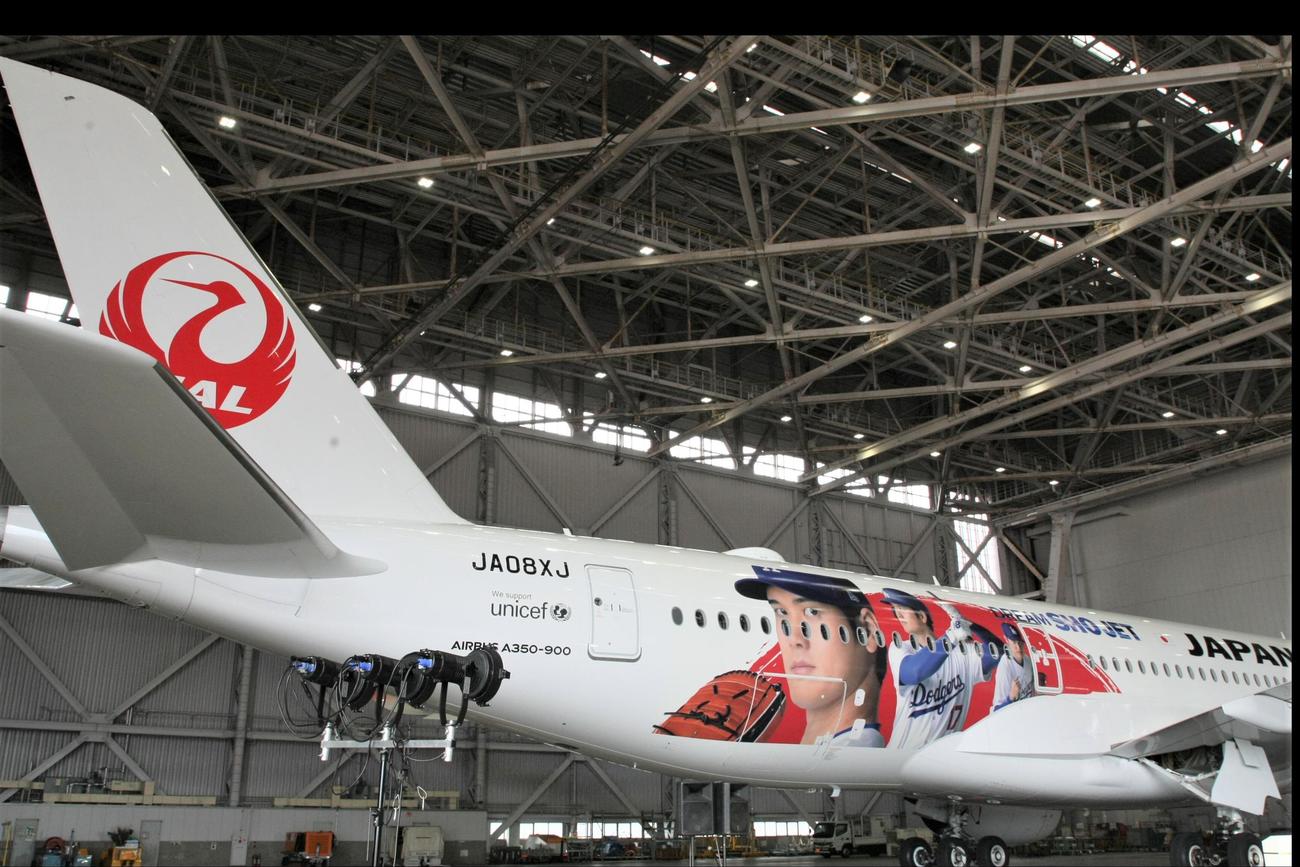 お披露目されたドジャース大谷翔平をデザインした特別塗装機「DREAM SHO JET」（撮影・藤塚大輔）