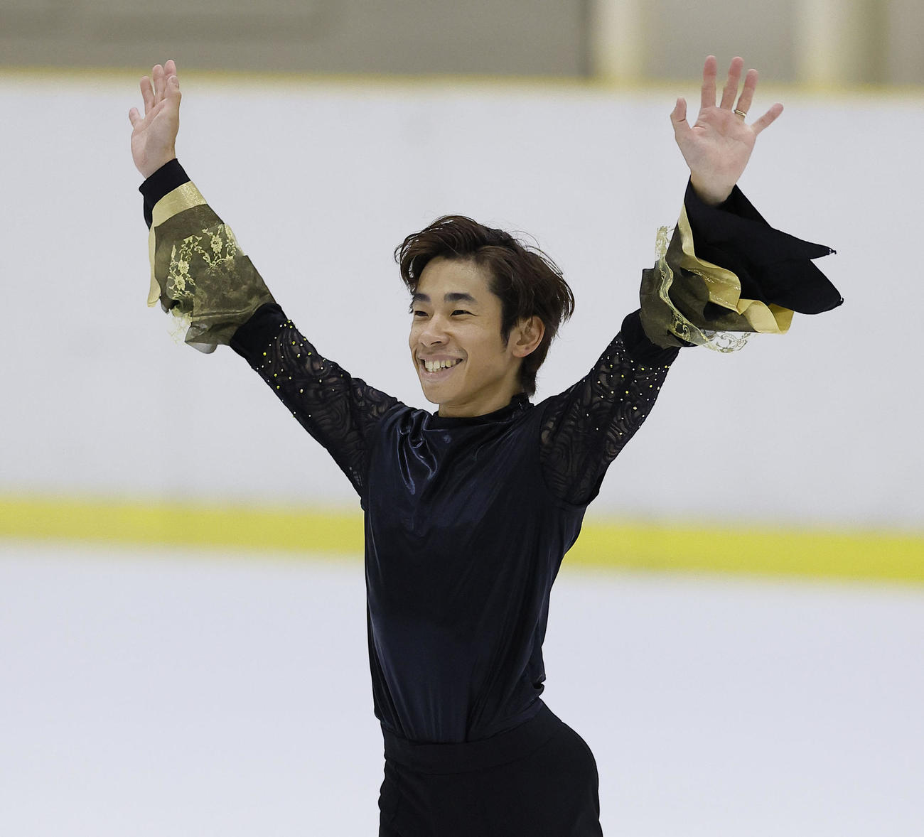 男子ショートプログラム　演技を終え笑顔を見せる織田信成（撮影・藤尾明華）