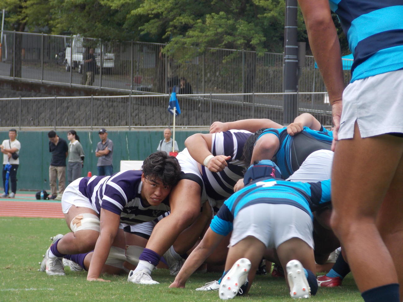 日体大戦の後半、スクラムを組む明大のFW（撮影・松本航）