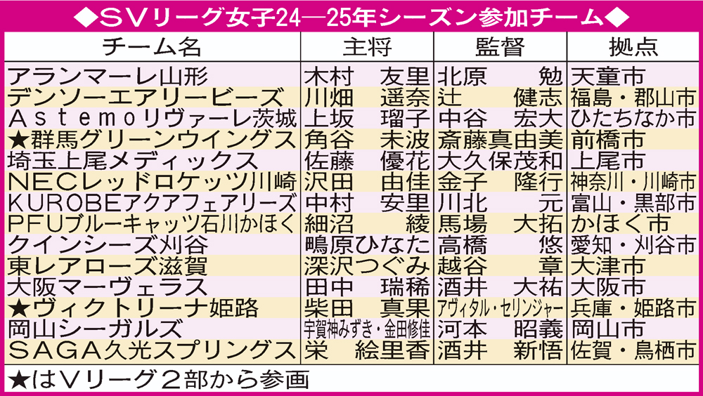 SVリーグ24-25シーズン女子参加チーム一覧
