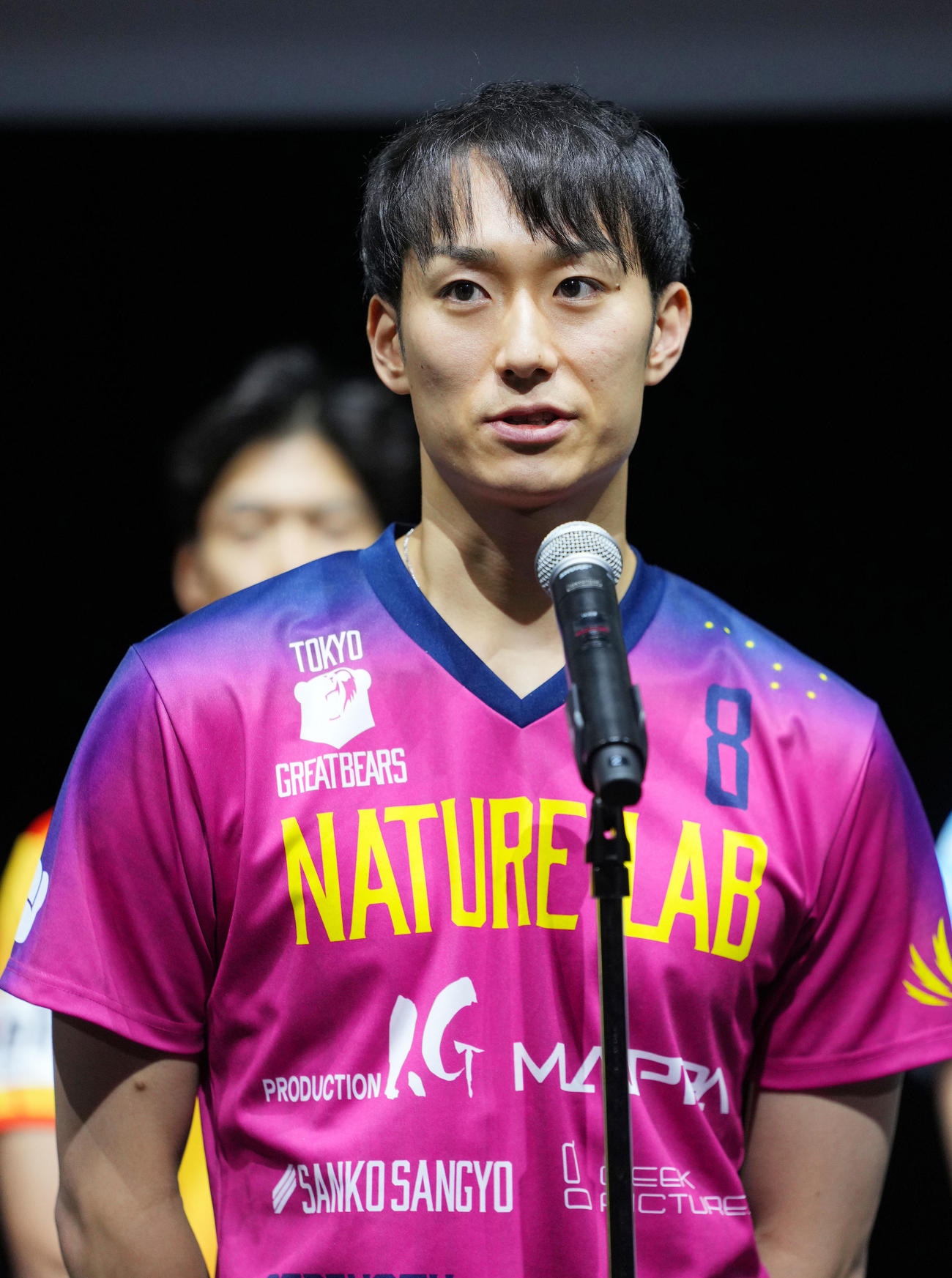 開幕に向け意気込みを語る東京グレートベアーズの柳田（撮影・横山健太）
