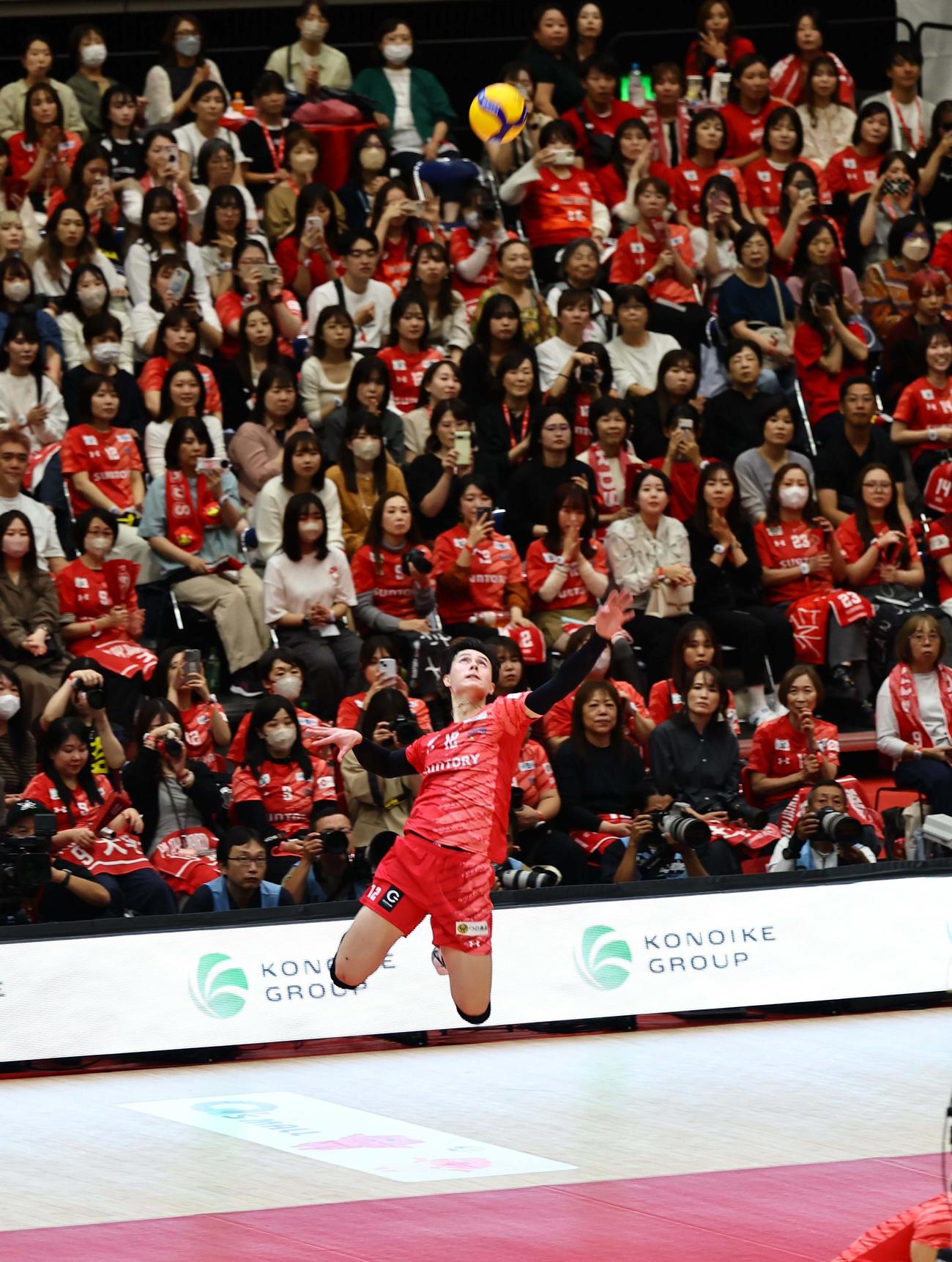 サントリー対大阪B　サーブを放つサントリー高橋藍（撮影・上田博志）