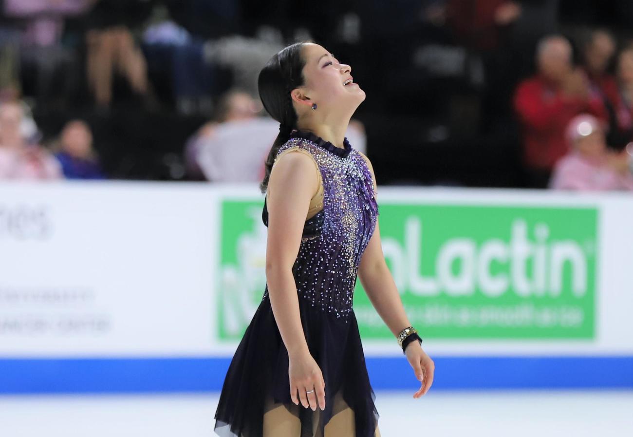 フィギュアスケートGPシリーズ第1戦スケートアメリカ女子SPを終えて安堵（あんど）の表情を浮かべる渡辺（撮影・藤塚大輔）