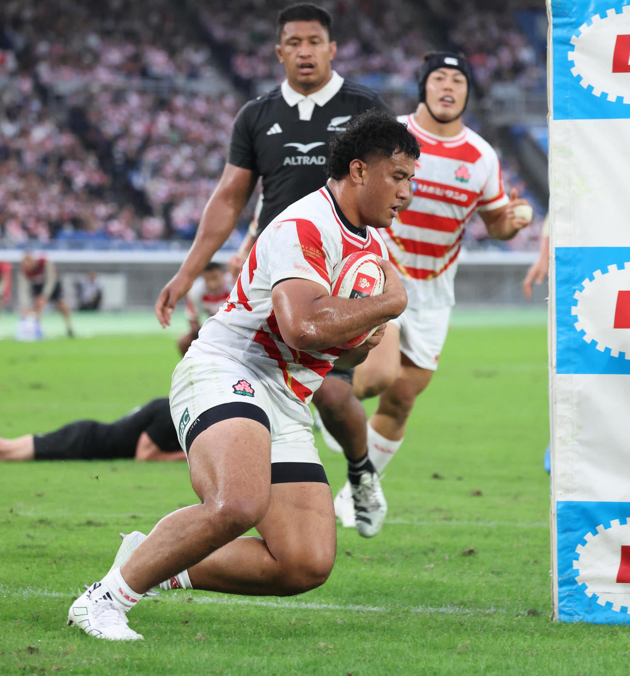 日本代表対ニュージーランド代表　後半、トライを決める日本代表のオペティ・ヘル（撮影・中島郁夫）