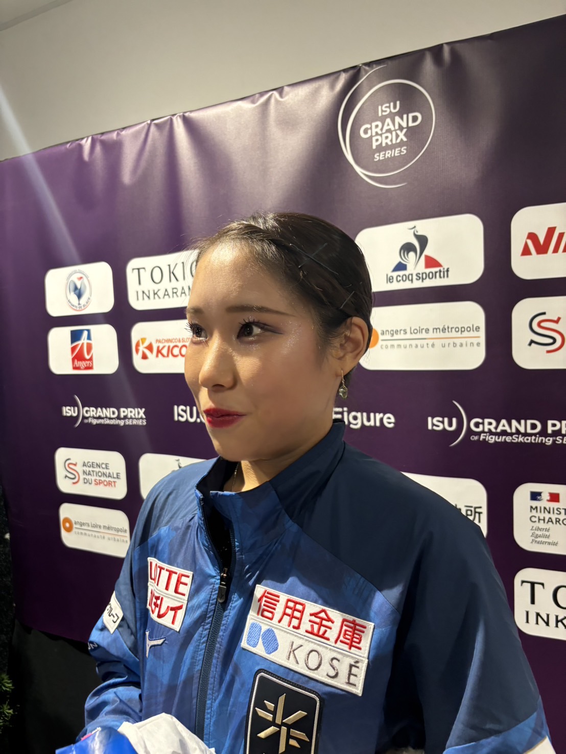 GPフランス杯女子フリーの演技を終えて、思いを語る三原舞依（撮影・松本愛香）
