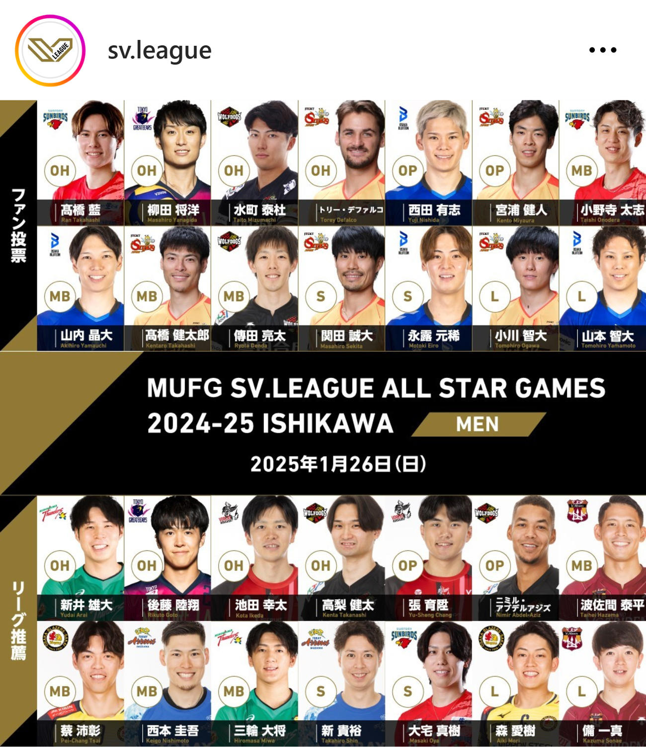 SVリーグの公式インスタグラムから