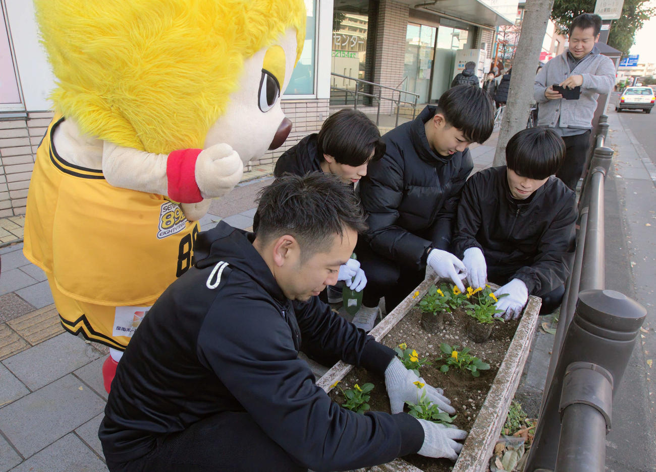 黄色いビオラを植えるB1・志村社長（左）と89ユースメンバーと応援するマスコットキャラクター・ティナ（撮影・高橋香奈）