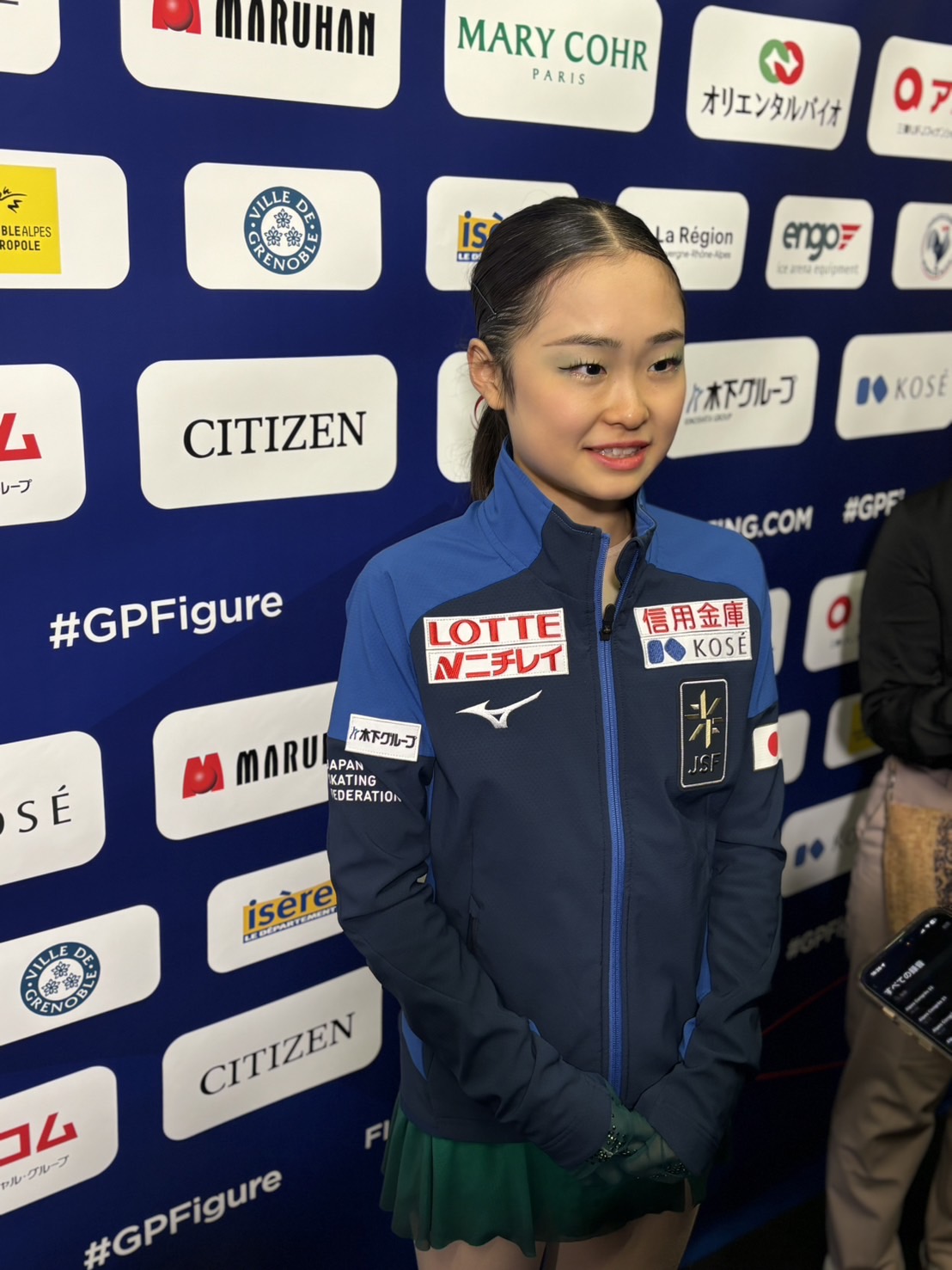 ジュニアGPファイナルの女子SPで首位に立った島田麻央（撮影・松本愛香）