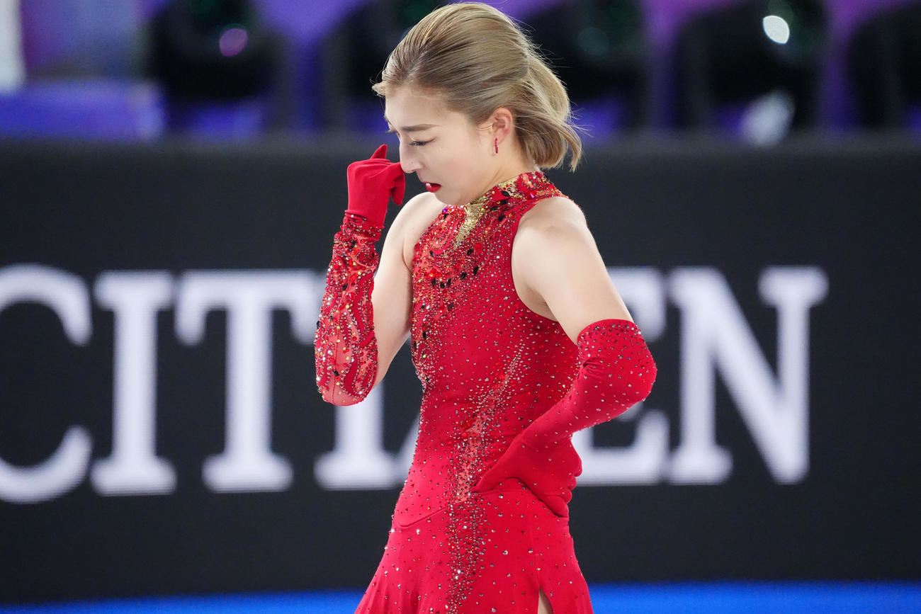 グランプリ（GP）ファイナル　女子SP　演技を終えた坂本花織（撮影　パオロ・ヌッチ）