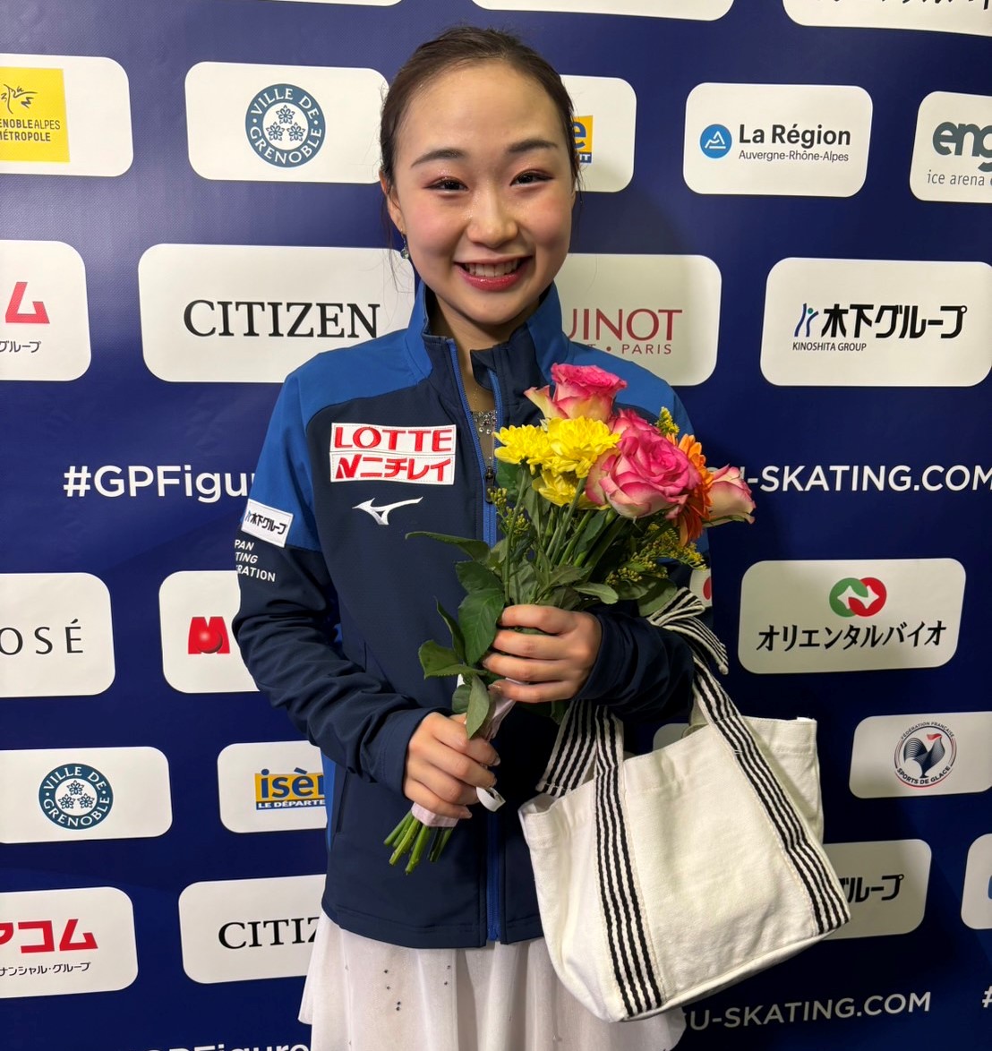 フィギュアスケートGPファイナルの女子フリー後に笑顔を見せる松生（撮影・松本愛香）