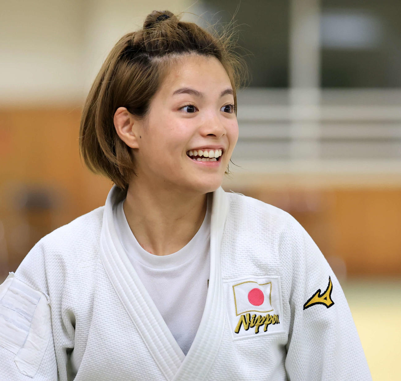 練習後、明るい表情を見せる阿部（撮影・浅見桂子）
