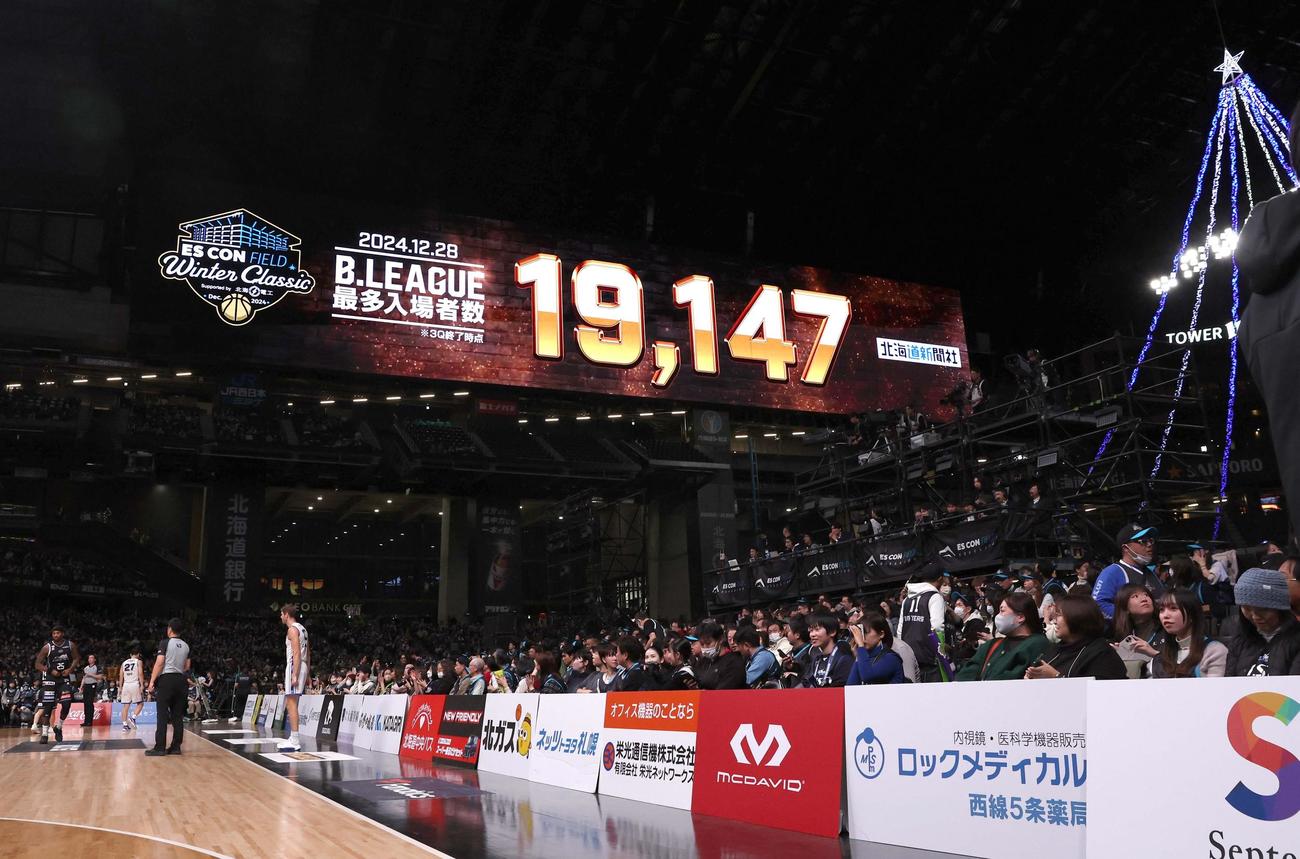 エスコンフィールド北海道で開催されたBリーグの北海道対三河はリーグ最多入場者数を1万9147人を記録した（撮影・黒川智章）