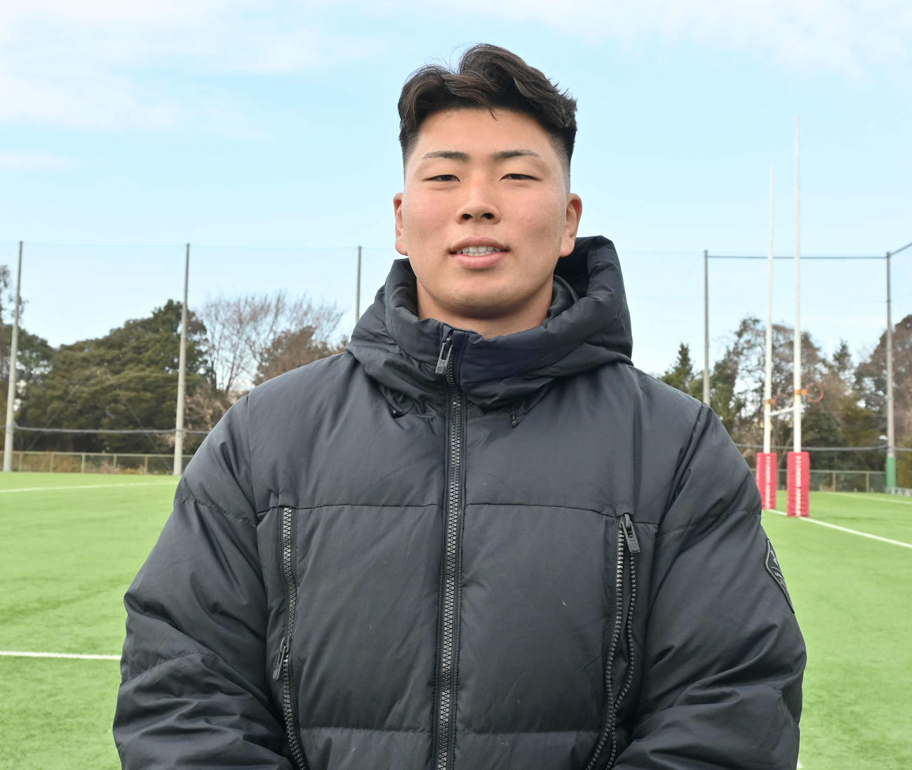 決勝への意気込みを語る帝京大の青木主将（撮影・飯岡大暉）