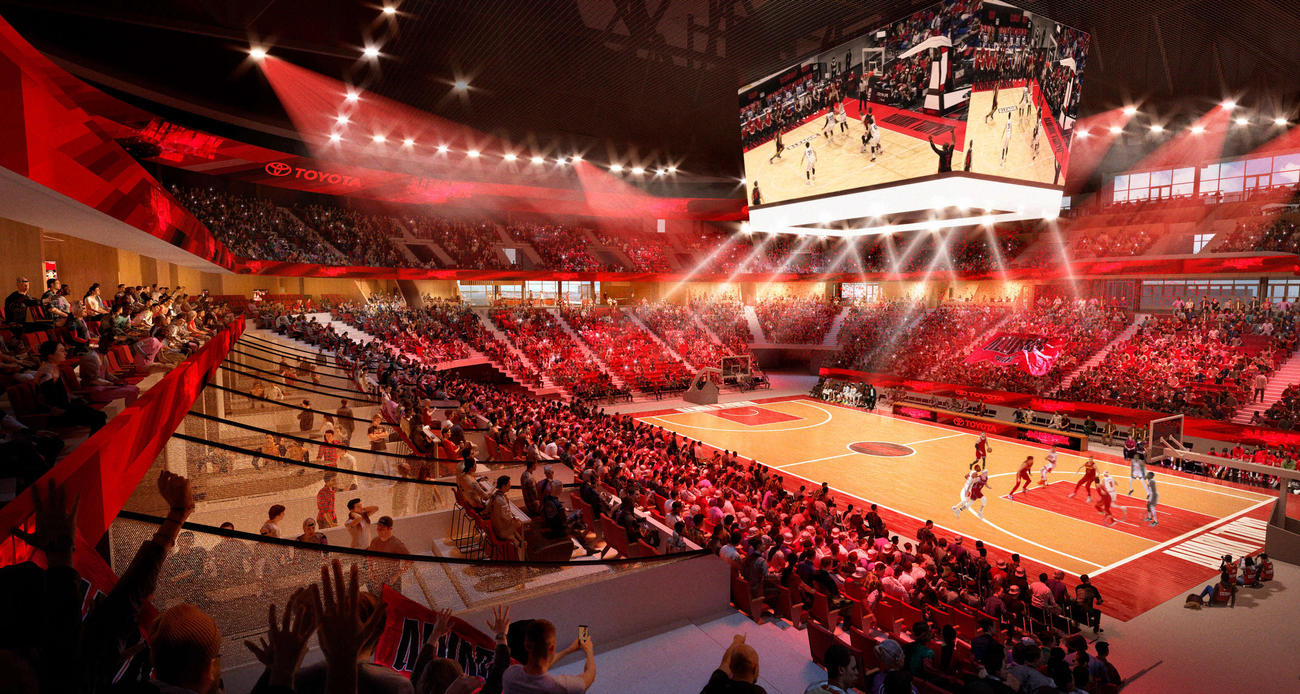 トヨタアリーナ東京の館内イメージ。左手にあるのが限定6室のテラススイート（@TOYOTA ARENA TOKYO）