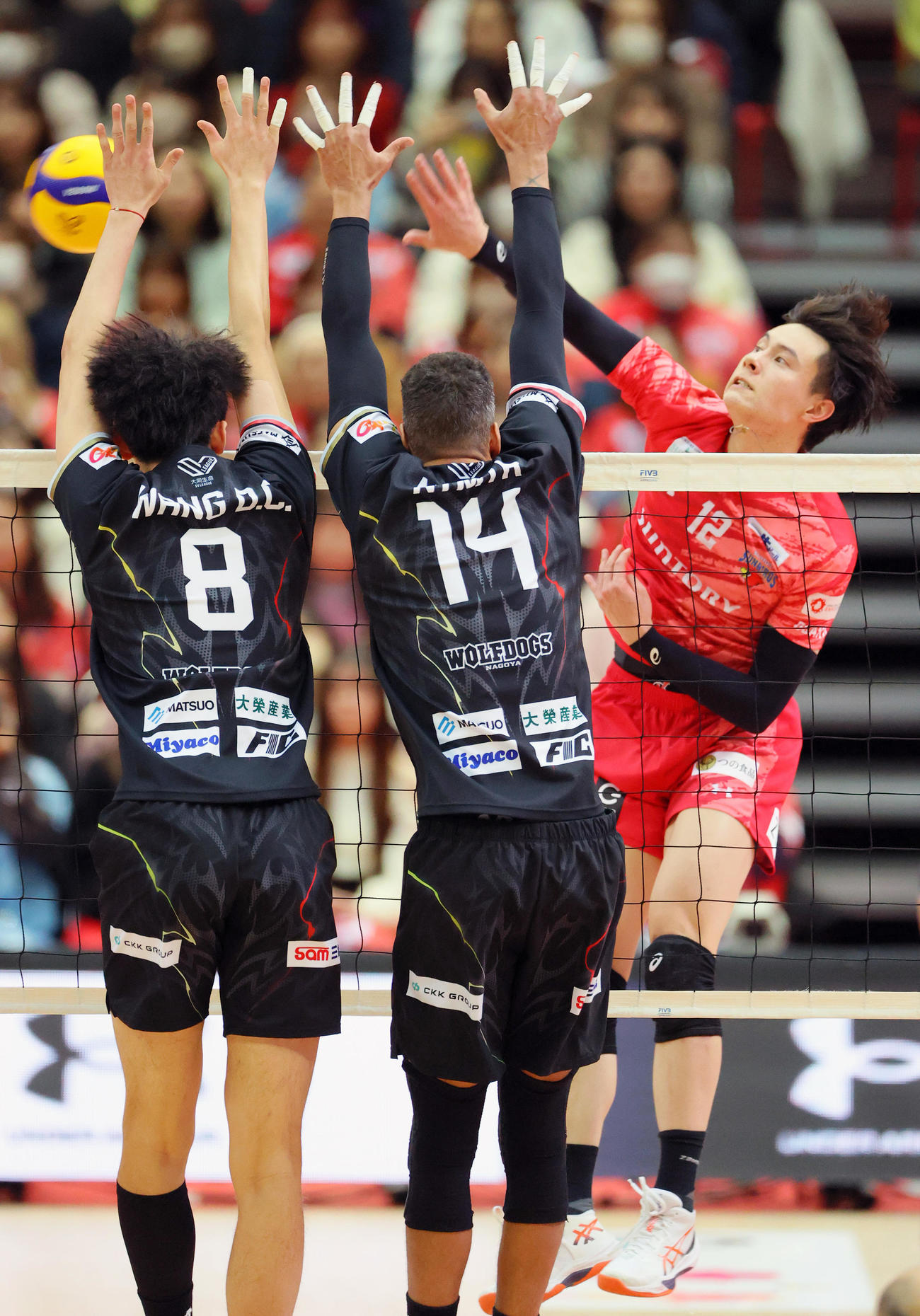 サントリー対WD名古屋　第1セット、サントリー高橋藍（右）はアタックを放つ（撮影・上山淳一）
