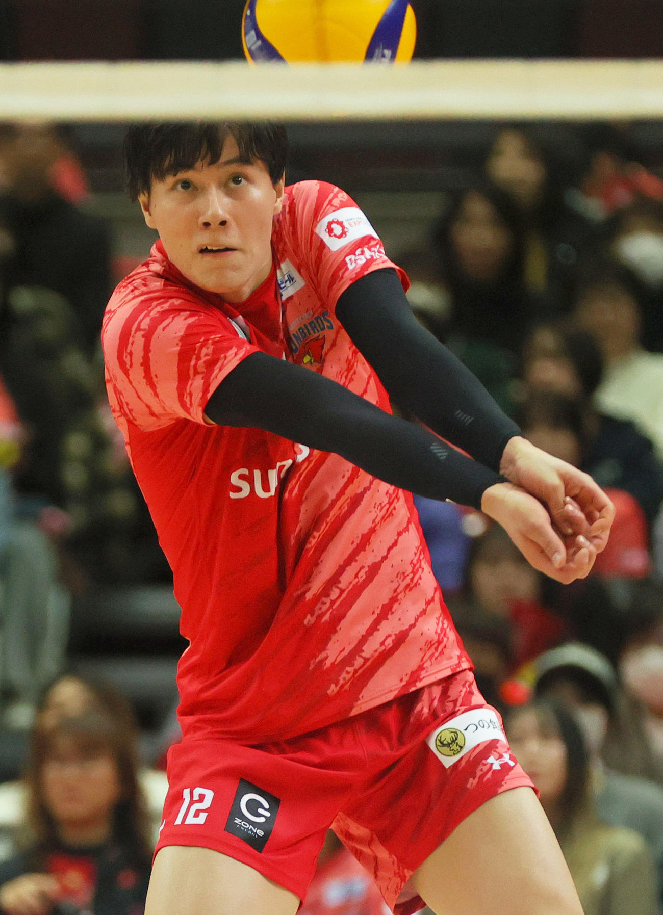 サントリー対WD名古屋　第3セット、レシーブするサントリー高橋藍（撮影・上山淳一）