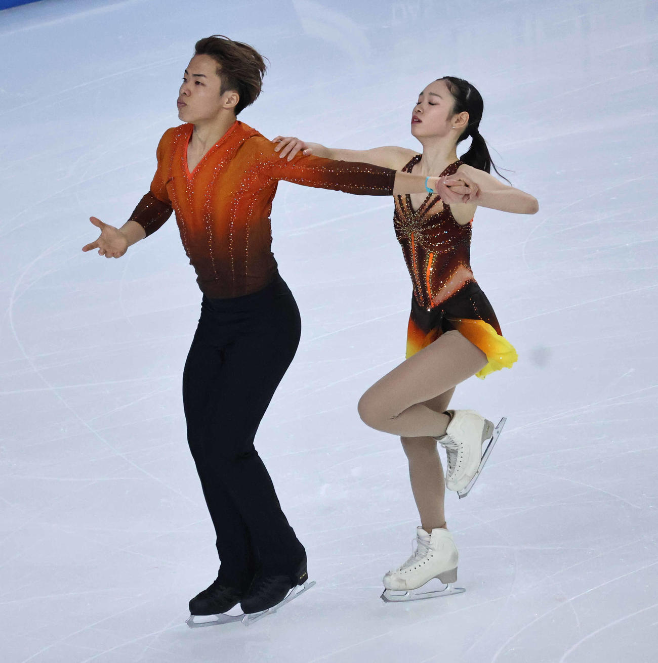 SPに臨んだ長岡柚奈、森口澄士組（撮影・竹本穂乃加）＝2025年2月11日、中国・ハルビン