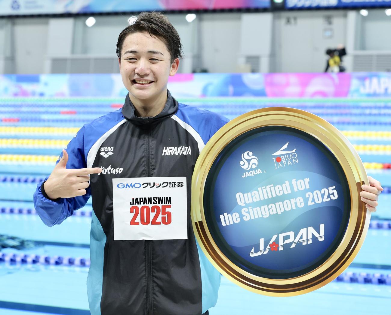男子1500メートル自由形決勝　日本新記録で世界選手権代表内定を決める今福（撮影・河田真司）