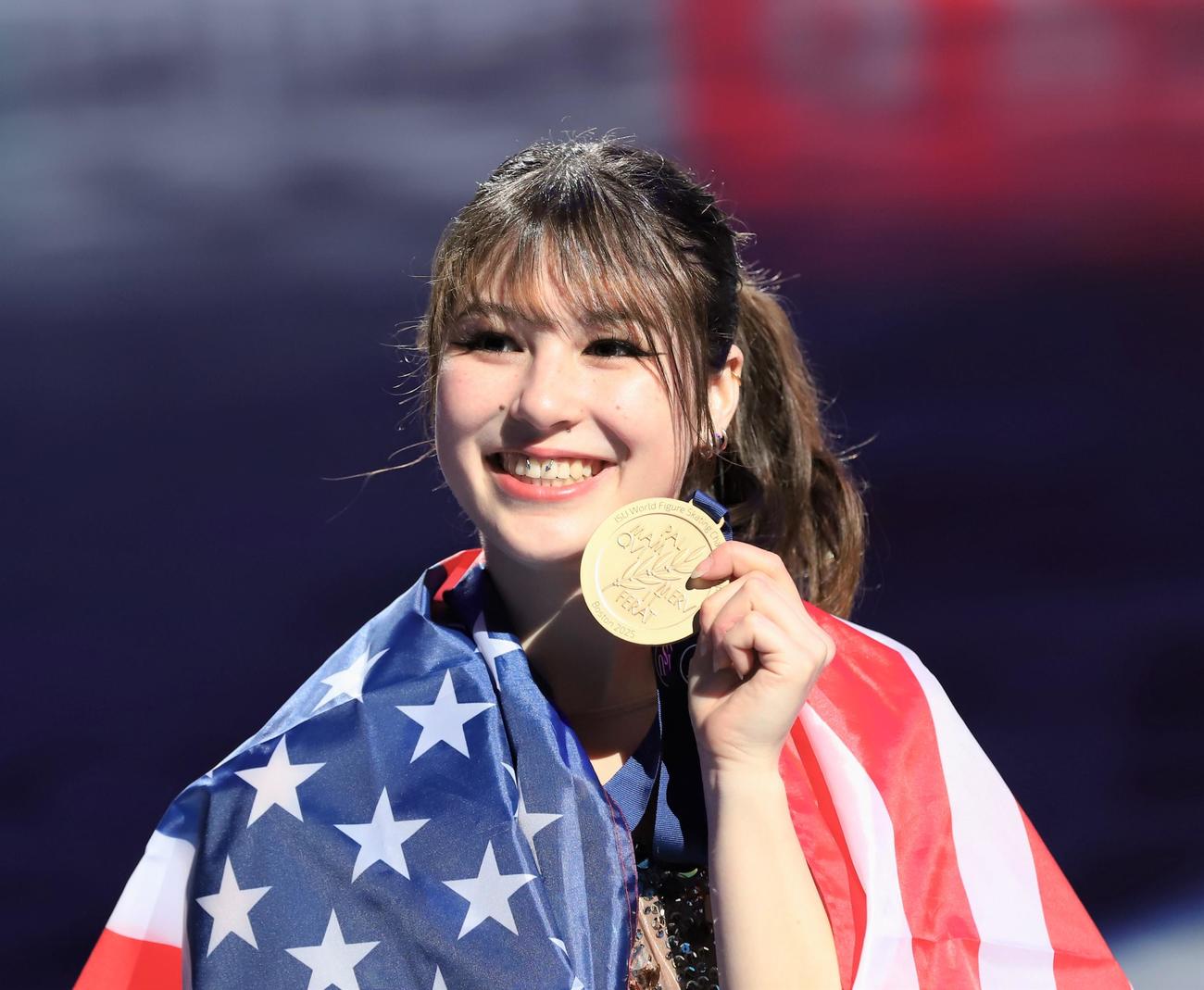 世界選手権女子で優勝したアリサ・リュウ（撮影・藤塚大輔）