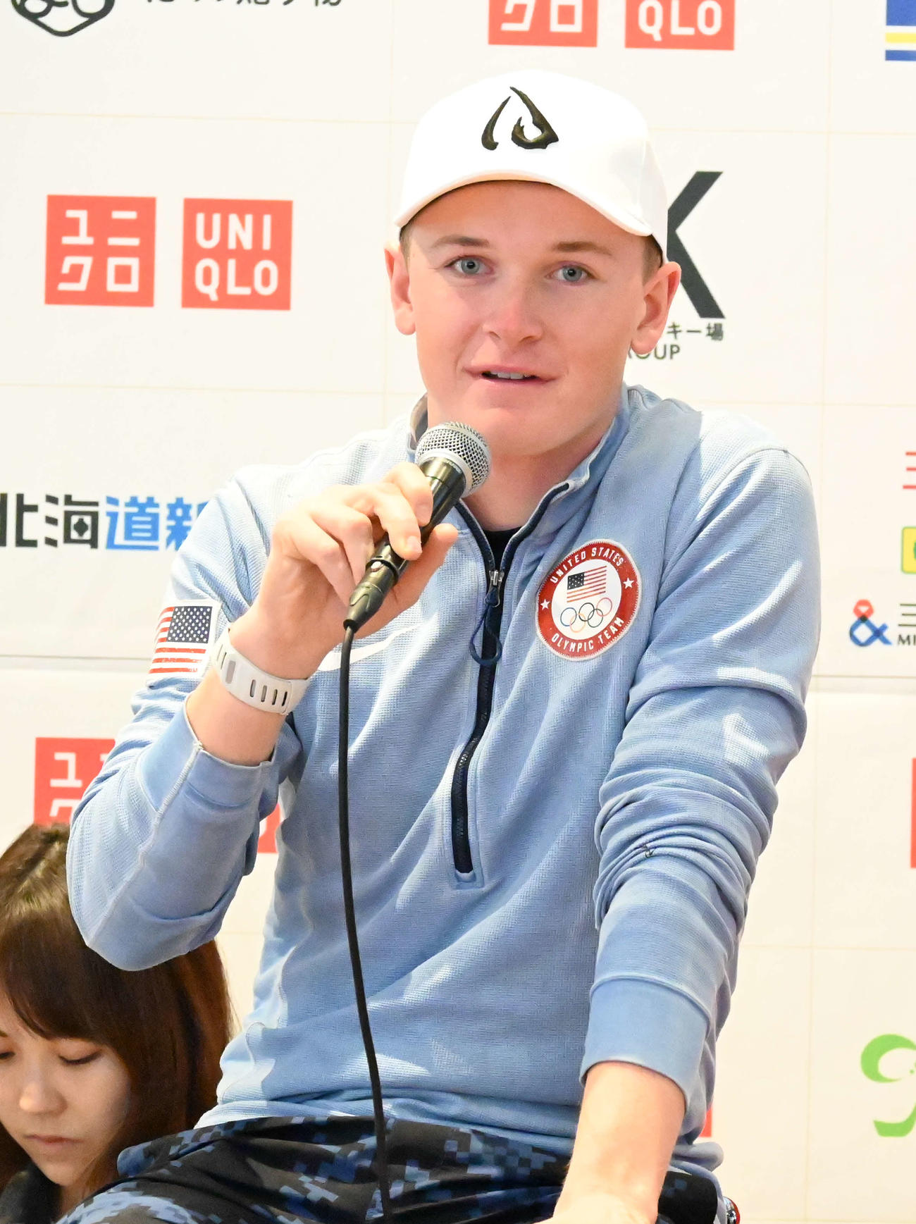 五輪への思いを語るフリースタイルスキー・モーグルのニック・ページ（撮影・飯岡大暉）