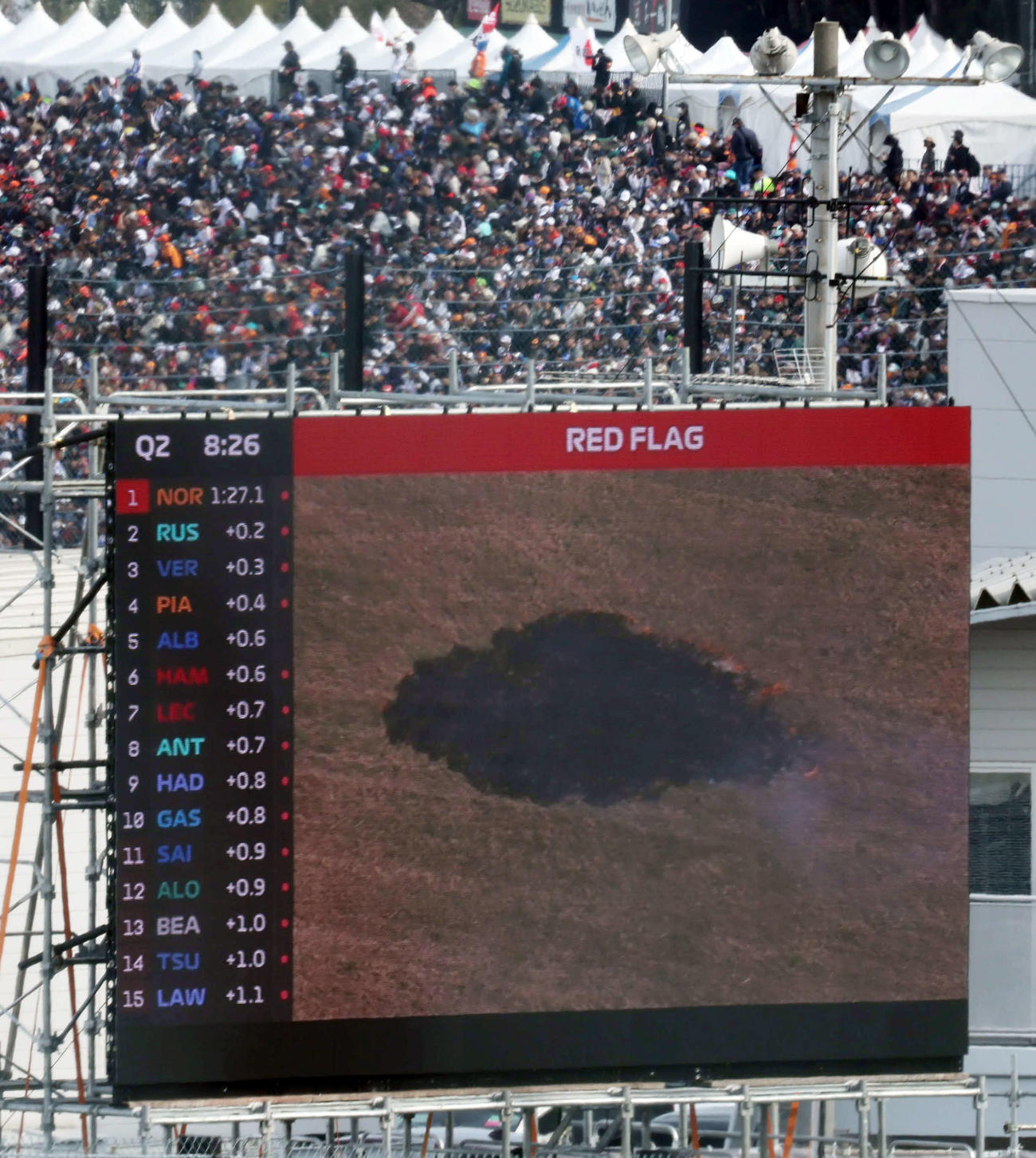 Q2途中、2日で4度の火災中断が公式映像に映る中、14位の表示のままアタックを阻まれたレッドブル・ホンダの角田裕毅（撮影・宮崎幸一）