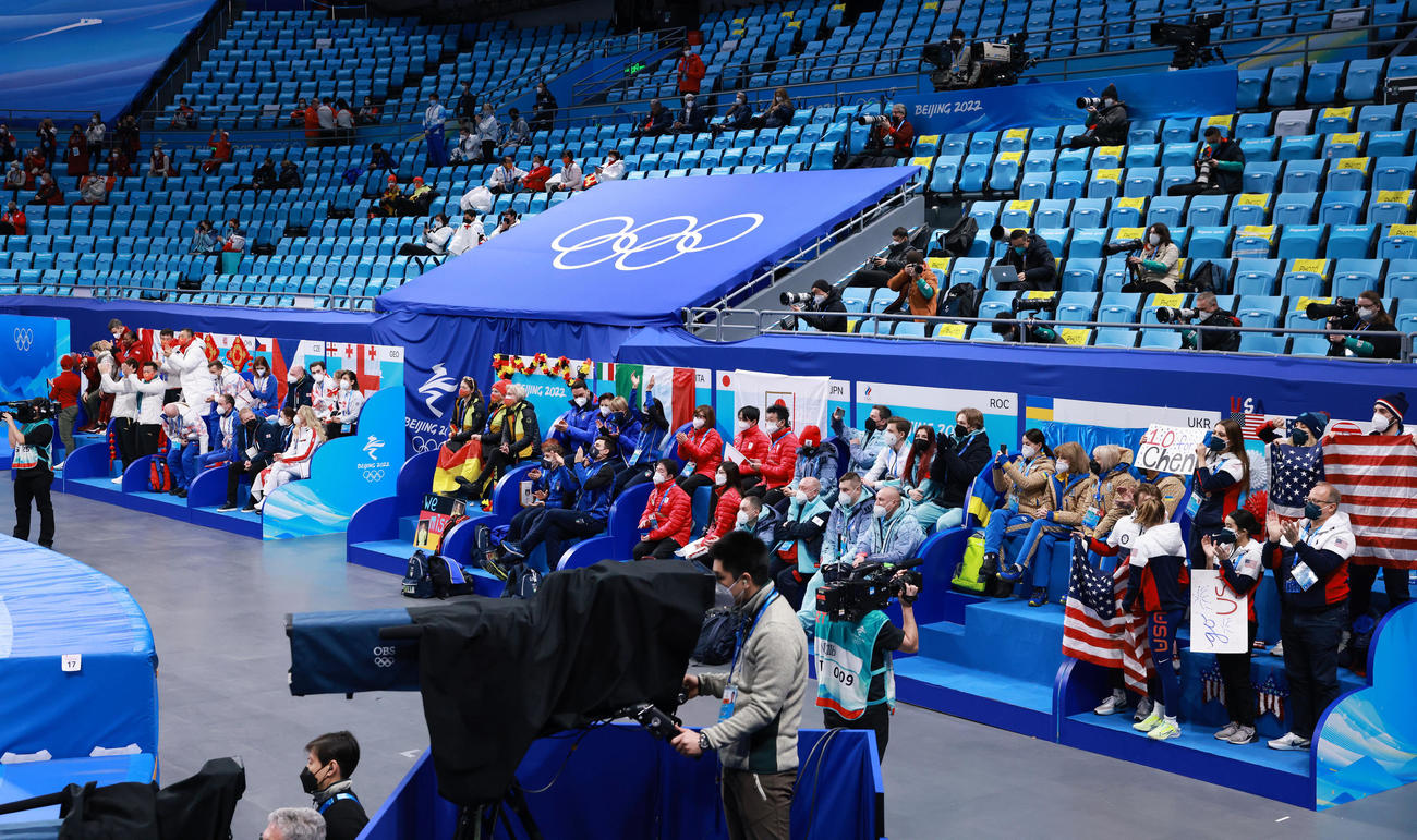 北京五輪のフィギュアスケート団体に出場したジョージアチームのブース（左から3つ目）（2022年2月）