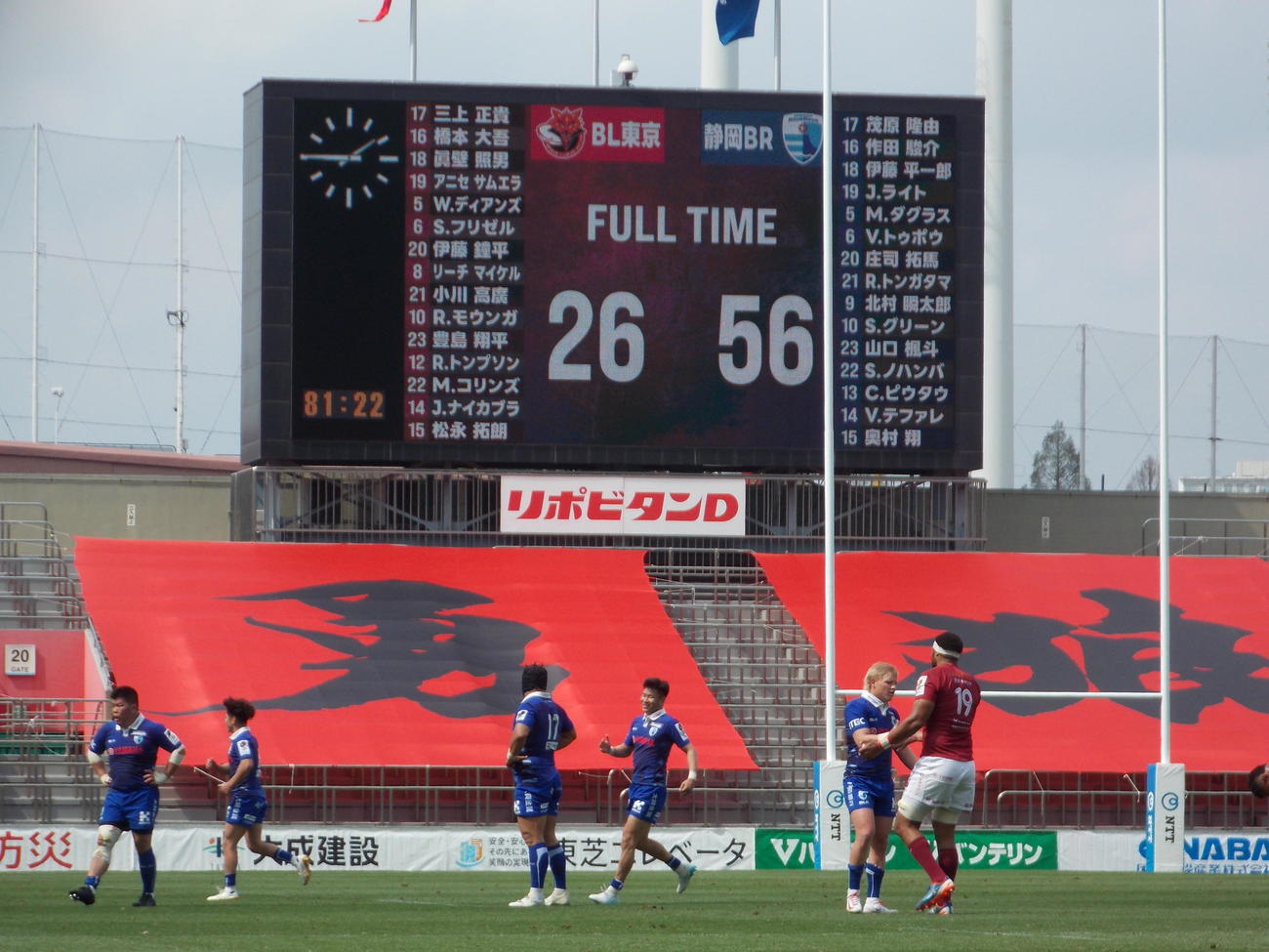 BL東京に大勝した青のジャージーの静岡の選手たち（撮影・松本航）