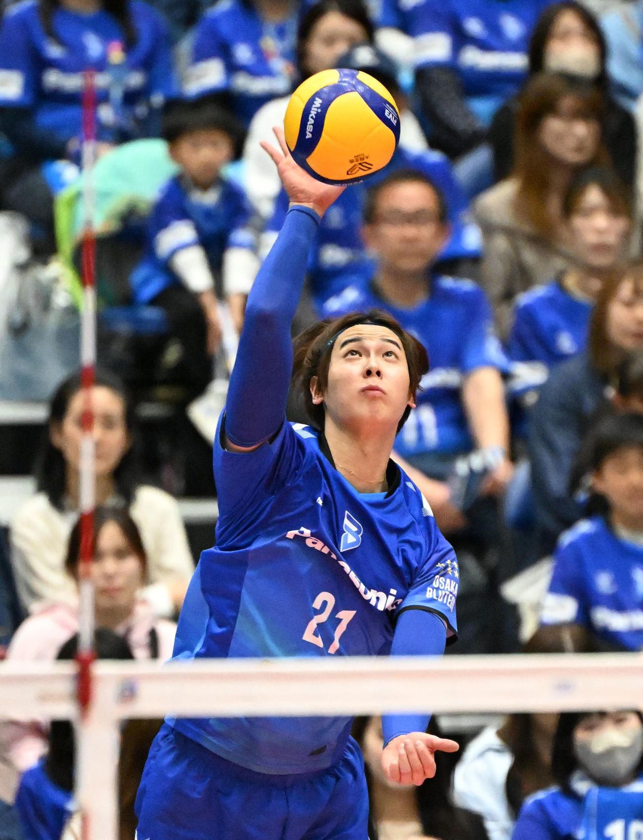 大阪B対東レ静岡　第3セット、サーブを放つ大阪Bの永露（撮影・石井愛子）