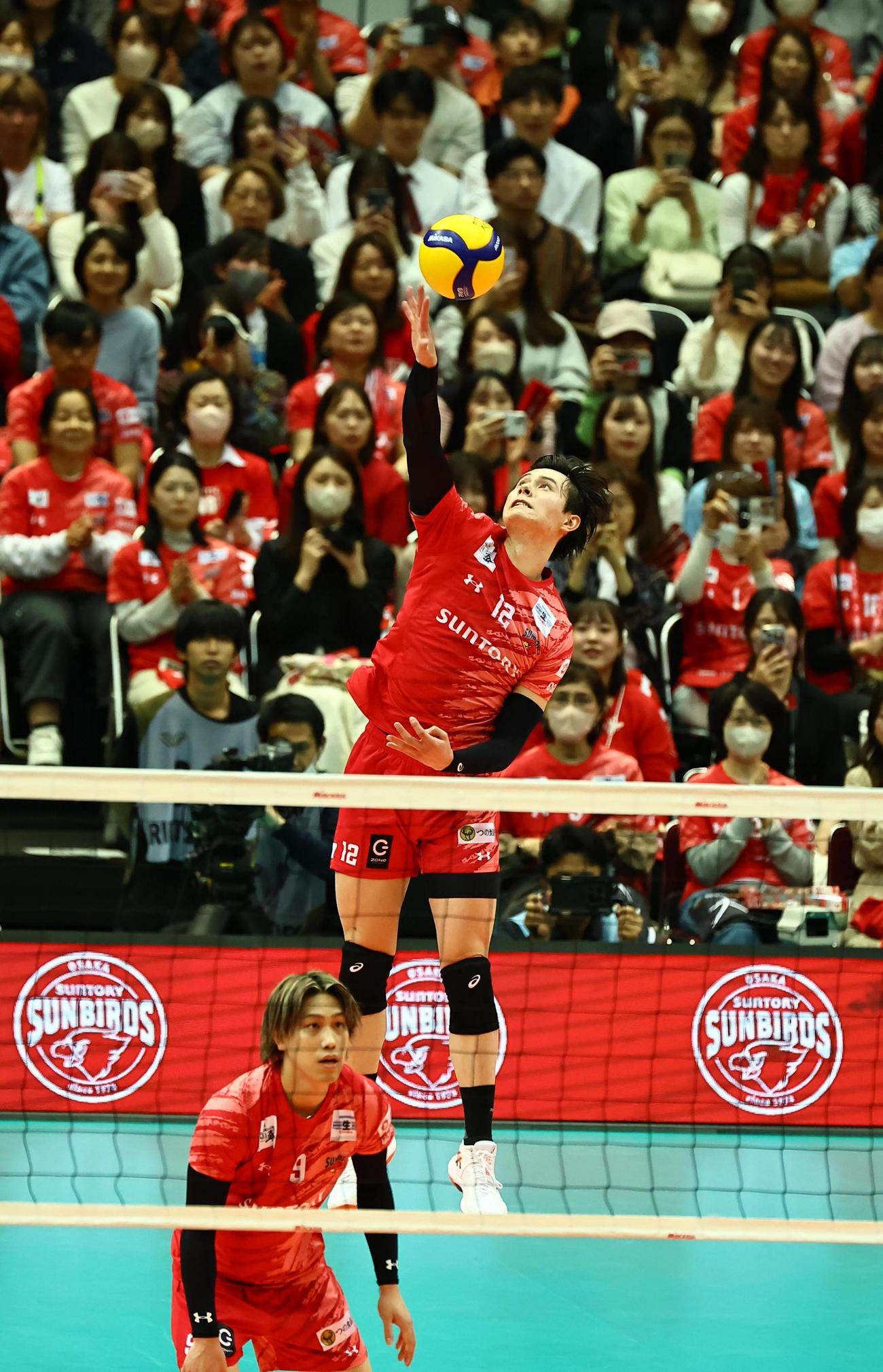 サントリー対名古屋　サーブするサントリー・高橋藍（撮影・上田博志）