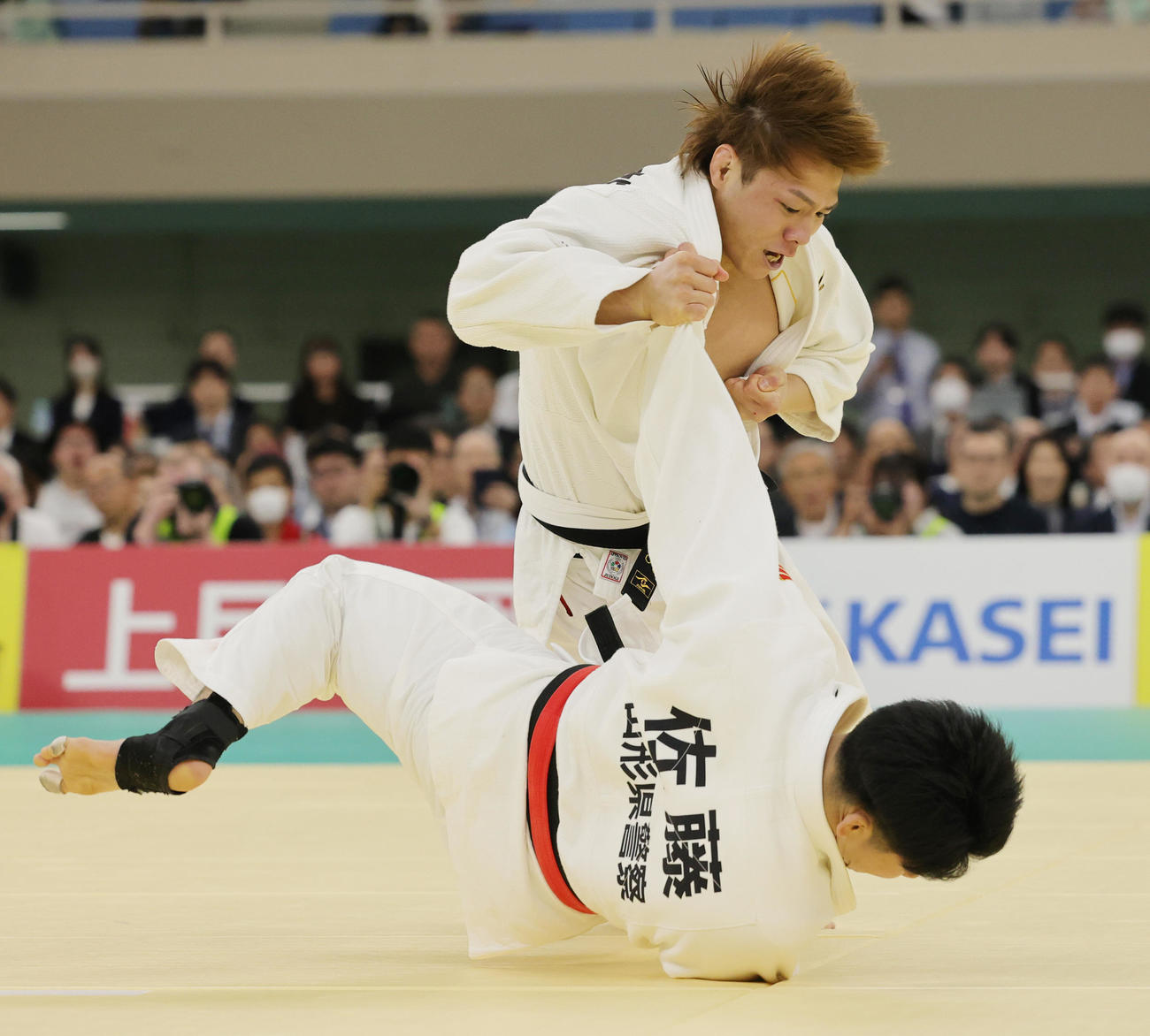 1回戦で佐藤佑治郎（奥）に背負い投げで一本勝ちする阿部一二三（撮影・野上伸悟）