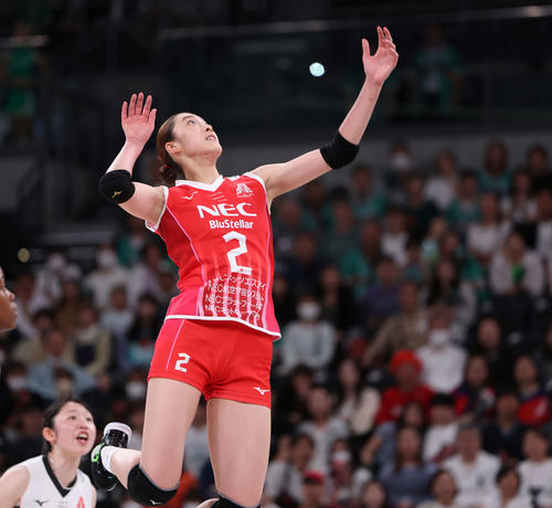 SVリーグ女子チャンピオンシップファイナル　ゲーム2　大阪M対NEC川崎　第2セット、アタックを放つ川崎の佐藤（撮影・山本朝陽）