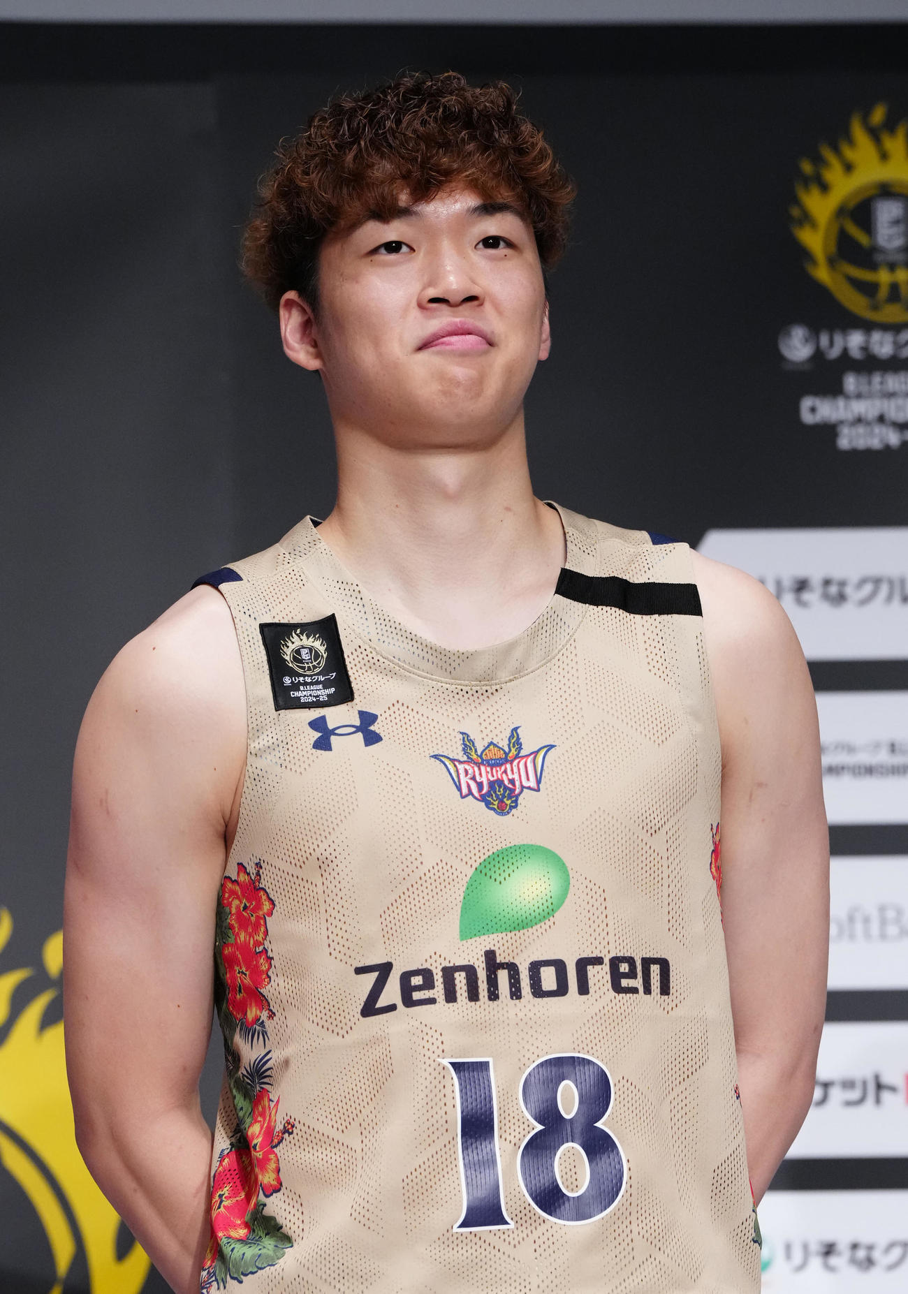 Bリーグチャンピオンシップ進出会見に臨む琉球の脇（撮影・江口和貴）