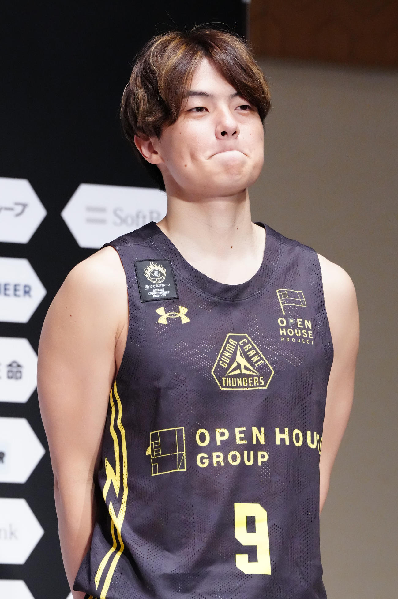 Bリーグチャンピオンシップ進出会見に臨む群馬の辻（撮影・江口和貴）
