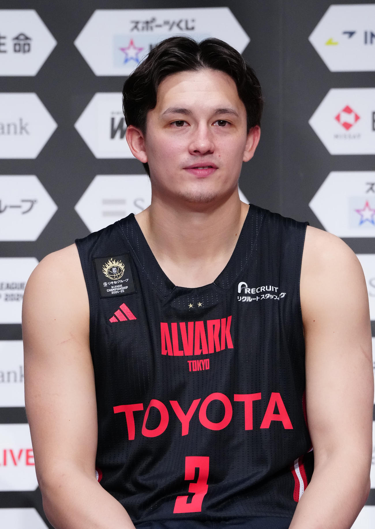 Bリーグチャンピオンシップ進出会見に臨むA東京のテーブス（撮影・江口和貴）