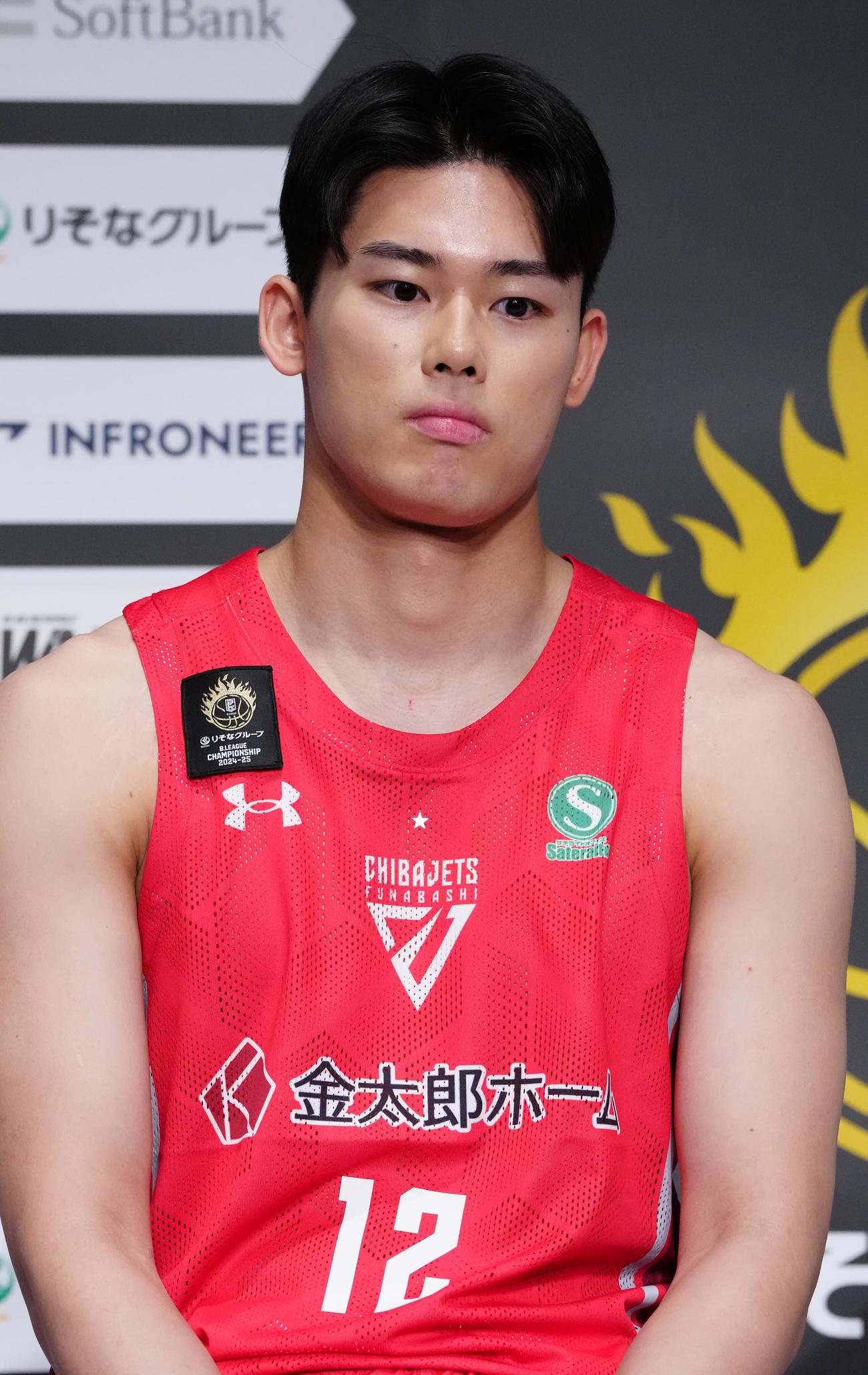 Bリーグチャンピオンシップ進出会見に臨む千葉Jの金近（撮影・江口和貴）