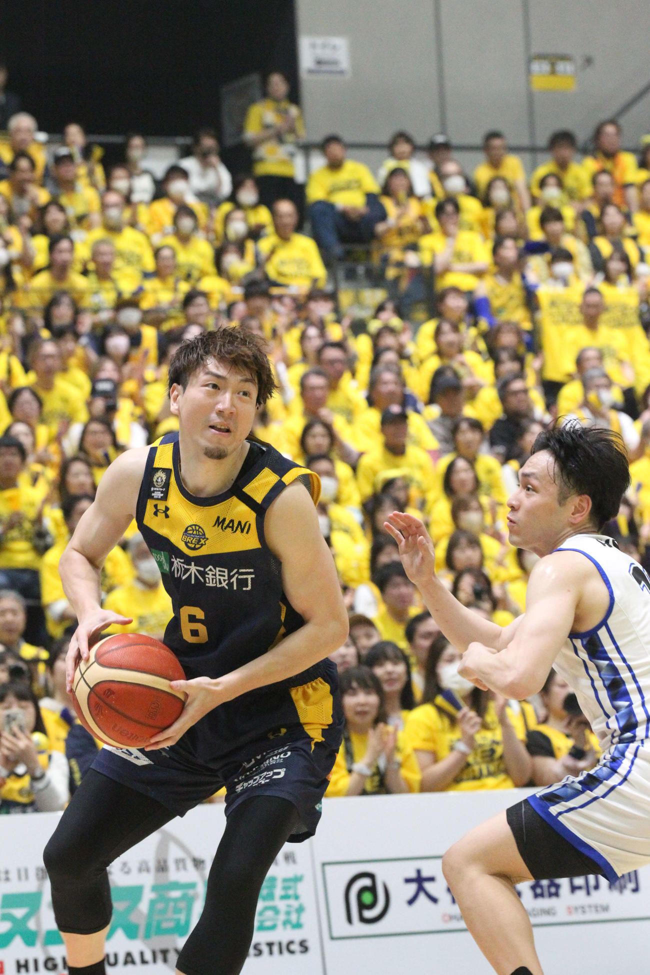 宇都宮対三河　チームカラーの黄色に染まったアリーナでドリブルを仕掛ける宇都宮の比江島慎（撮影・沢田啓太郎）