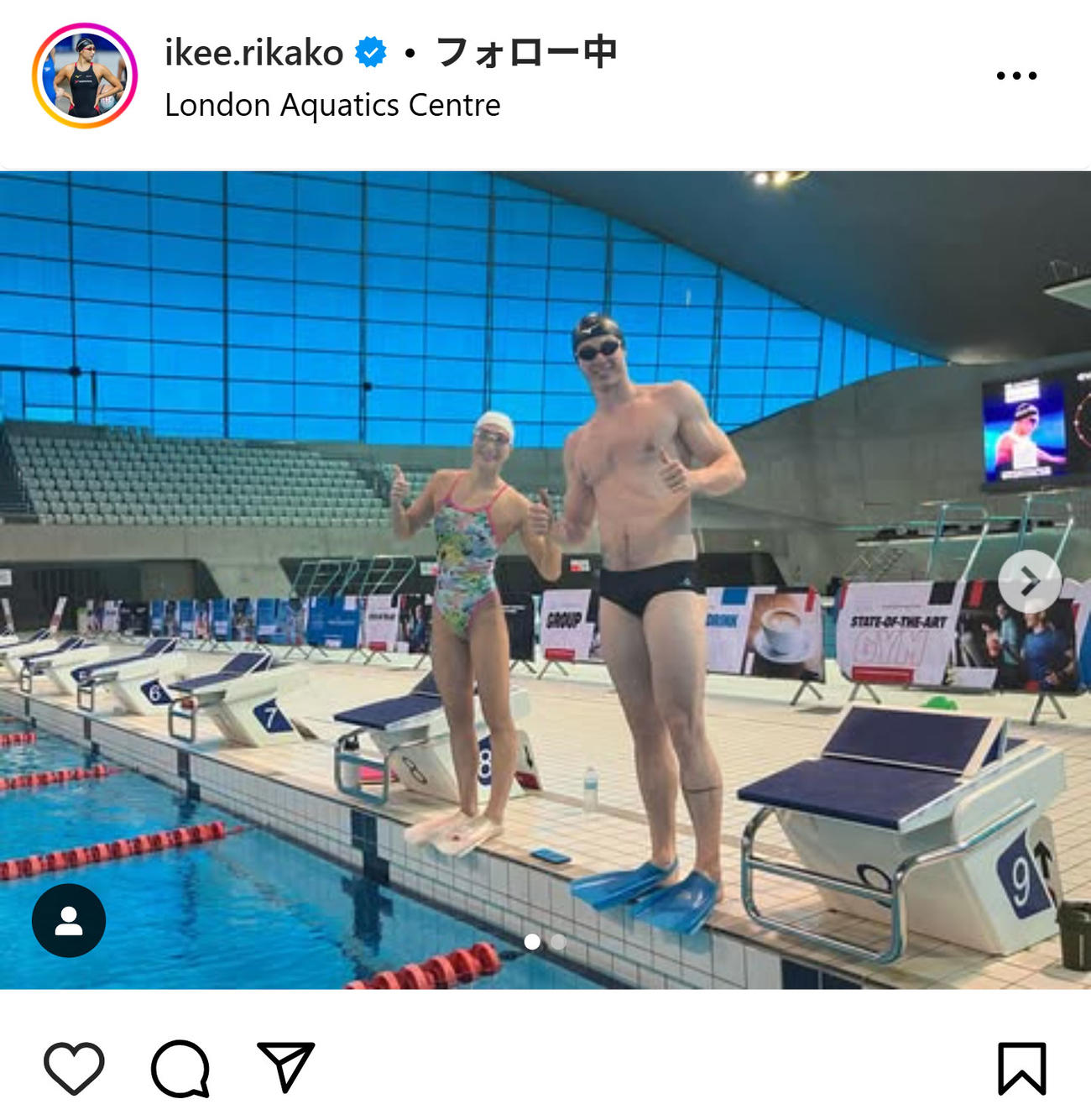 ベンジャミン・プラウドと練習する池江璃花子（インスタグラムから）