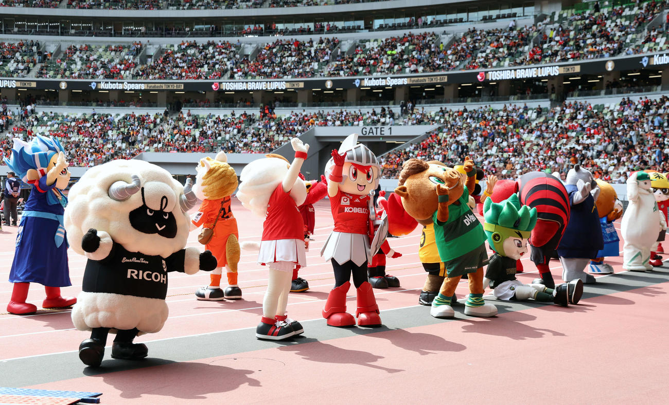 BL東京対東京ベイ　試合前にマスコット総選挙が行われ、国立競技場にマスコットが集結した（撮影・山本朝陽）