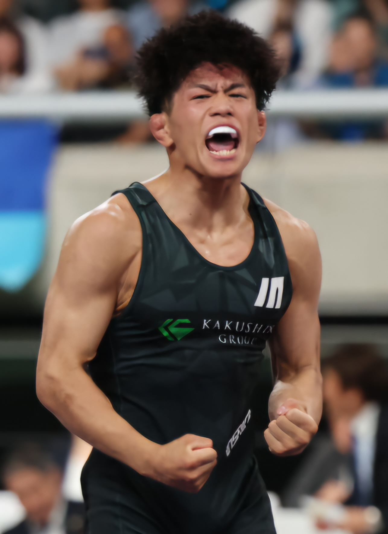 男子フリースタイル65キロ級決勝　優勝を決め雄たけびをあげる清岡（撮影・山本朝陽）