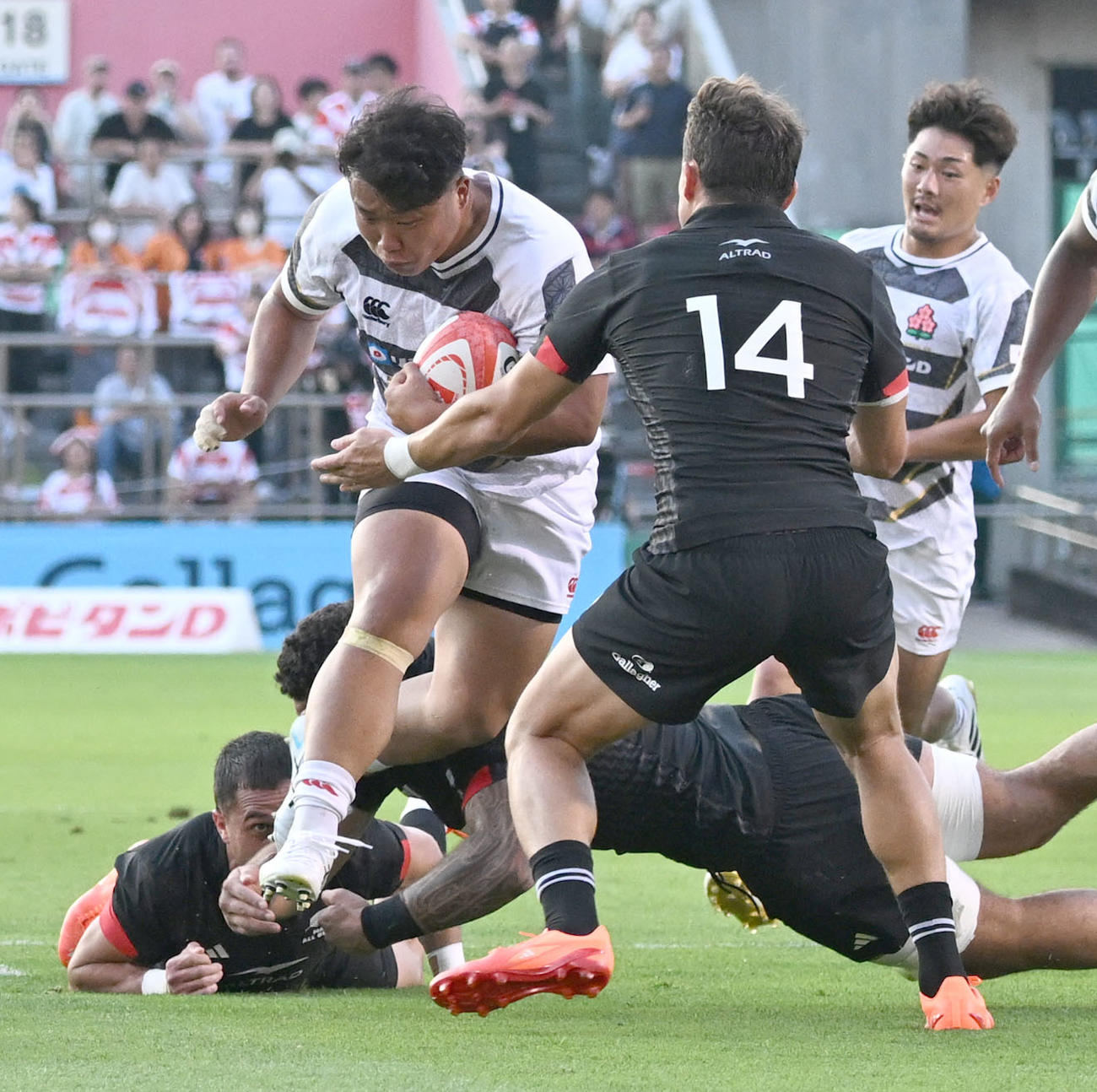 JAPAN XV対マオリ・オールブラックス　前半、突進する江良（左）（撮影・千葉一成）